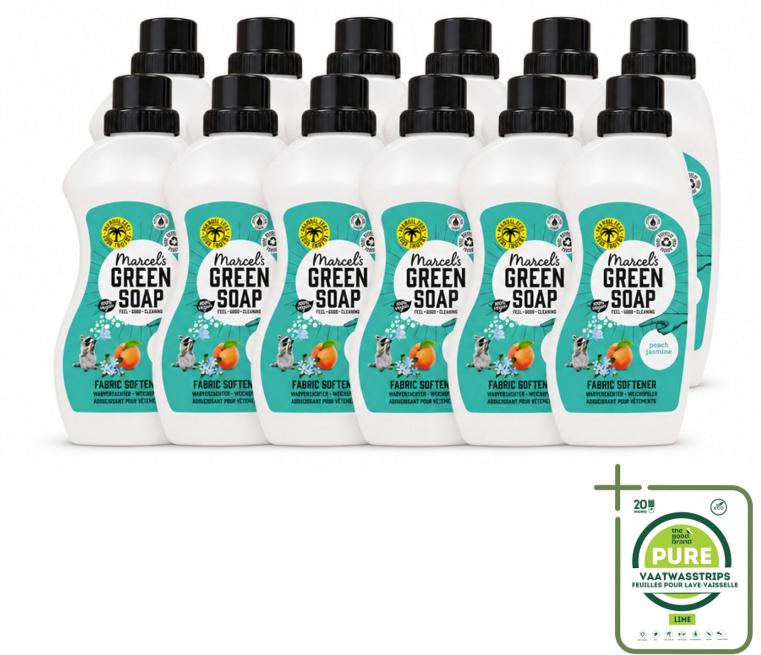 12 x Marcel's Green Soap - Wasverzachter - Perzik & Jasmijn - Zachte frisheid - 30 Wasbeurten - 750 ml - Grootverpakking - Vaatwasstrips - Wasverzachter - Wasmiddel - Wasgoed - Zachte Kleding - Frisse Geur
