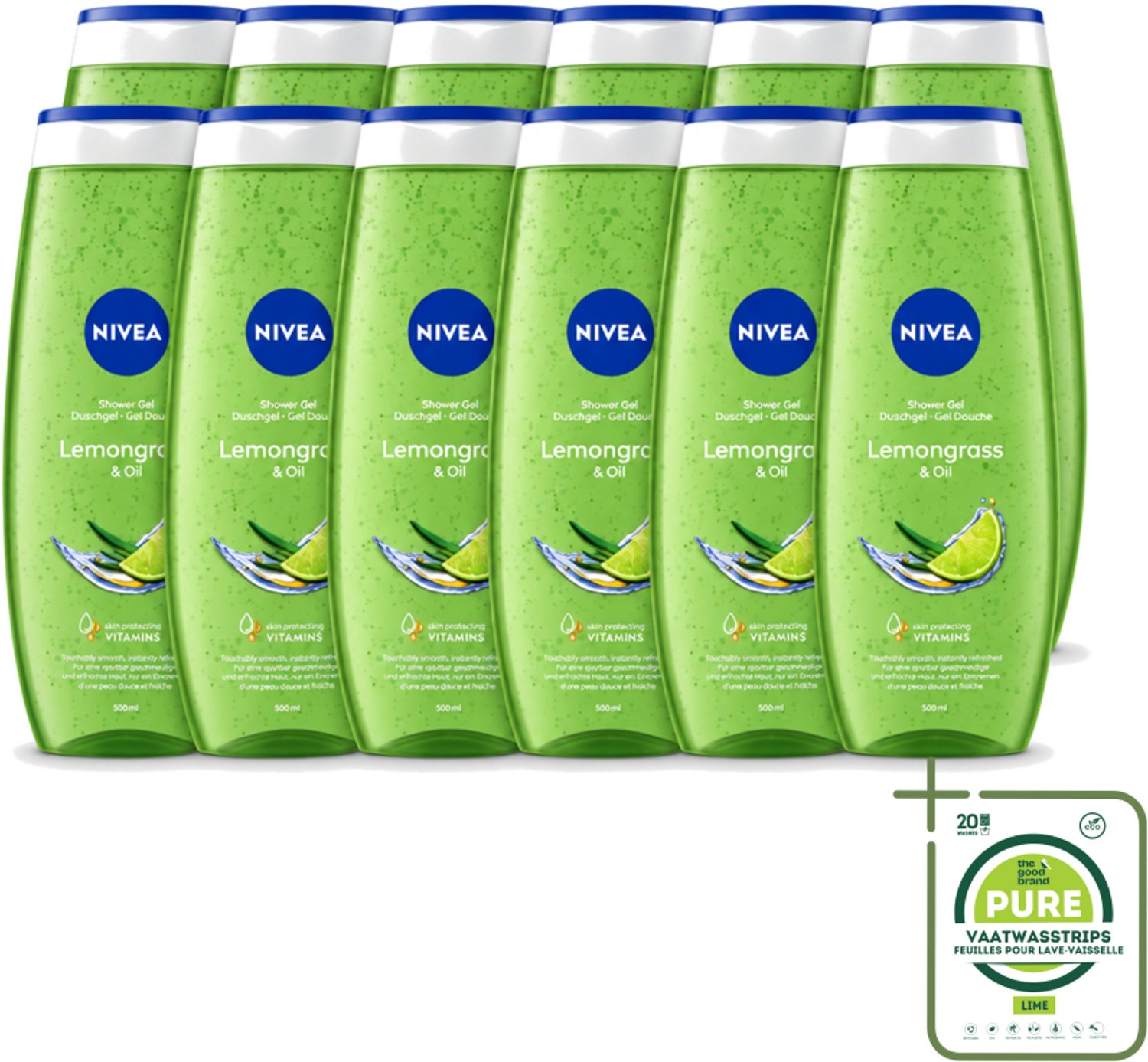 12 x NIVEA - Douchegel - Citroengras & Olieverzorging - Glad & Verfrissend Huidgevoel - 500 ml - Grootverpakking - Vaatwasstrips - Douchegel - Natuurlijke Oliën - Citroengras - Huid Verzorging - Frisse Geur