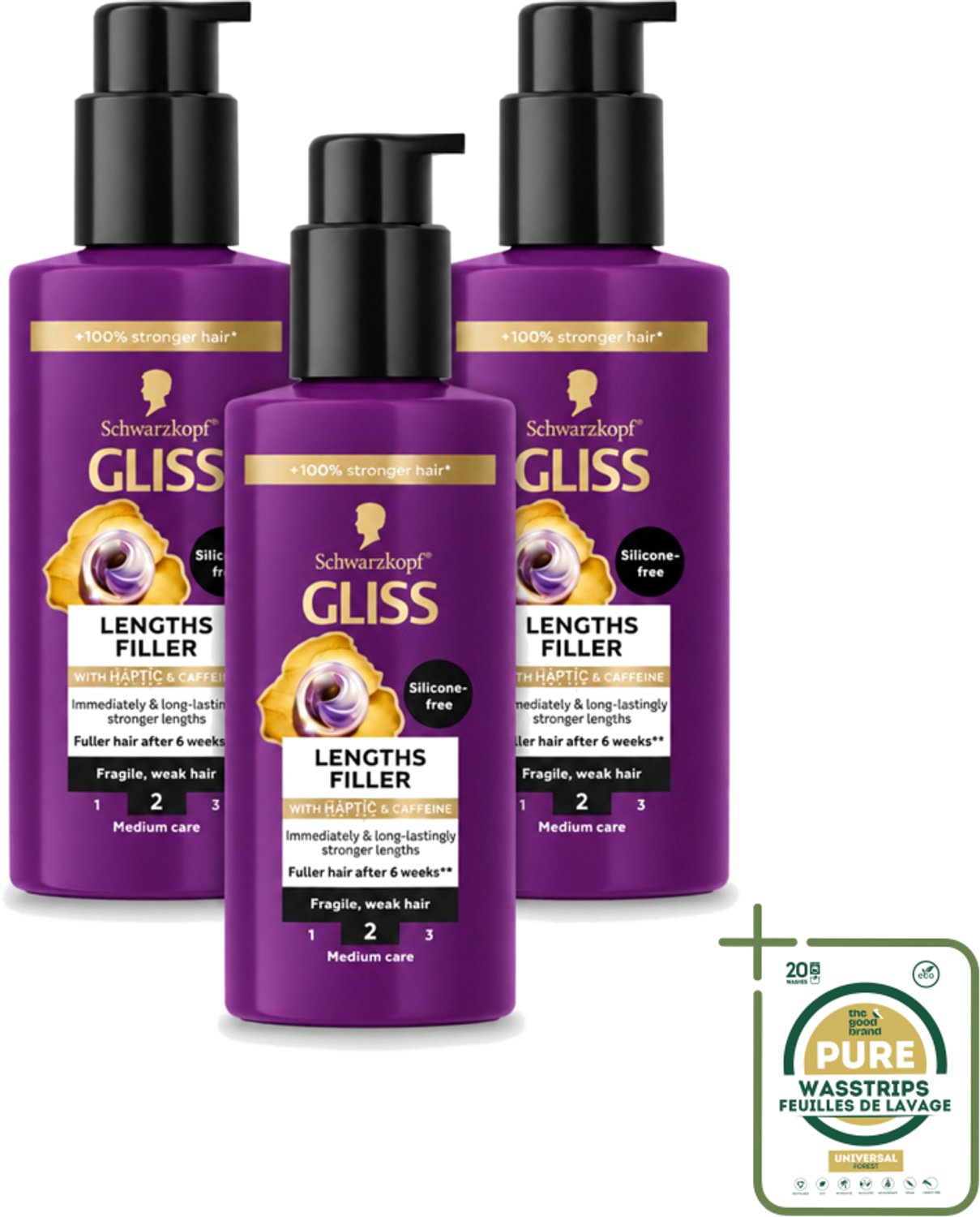 3 x Gliss - Haarserum - Lengths Filler - Siliconenvrij met Cafeïne - Voor Sterker Haar - 100 ml - Wasstrips - Haarserum - Sterker Haar - Haarversterking - Haarbreuk Voorkomen - Cafeïne Haarserum