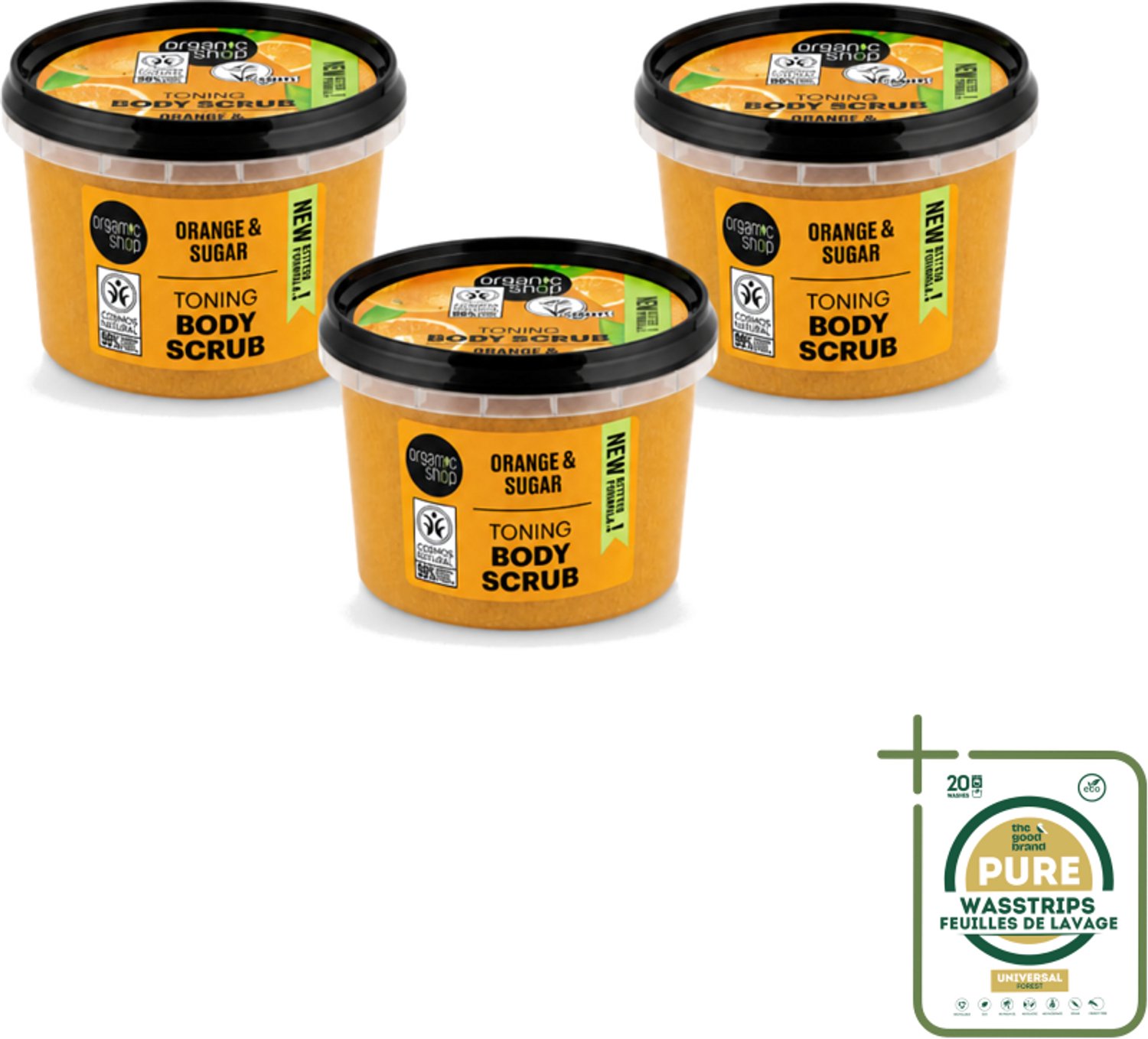 3 x Organic Shop - Body Scrub Orange - Verzorgend en Geurend - 250 ml - Wasstrips - Bodyscrub - Huidverzorging - Exfoliatie - Sinaasappelolie - Natuurlijke Huidverzorging