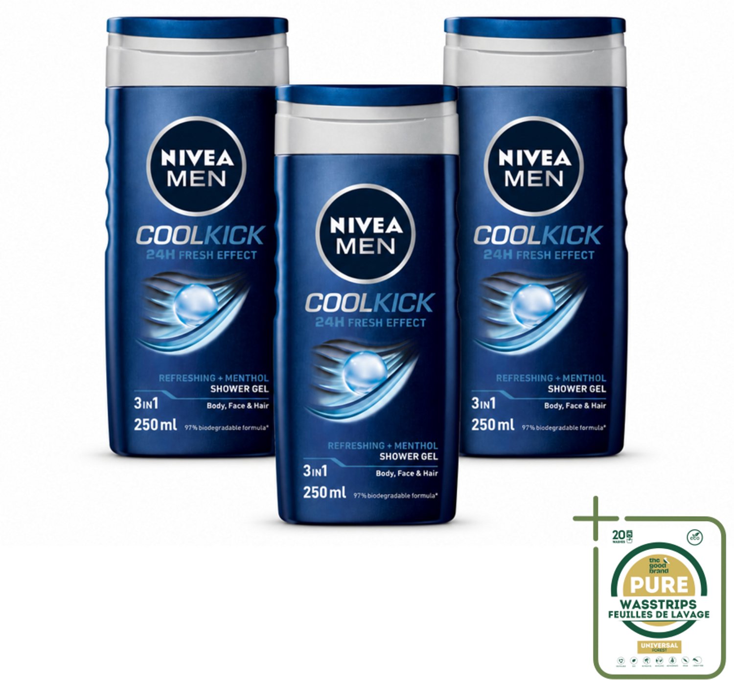 3 x NIVEA MEN - Douchegel - Cool Kick - 250 ml - Wasstrips - Douchegel Mannen - Frisheid Onder De Douche - Verkoelend Effect - 2-in-1 Douchegel En Shampoo - Ijsblauwe Gel