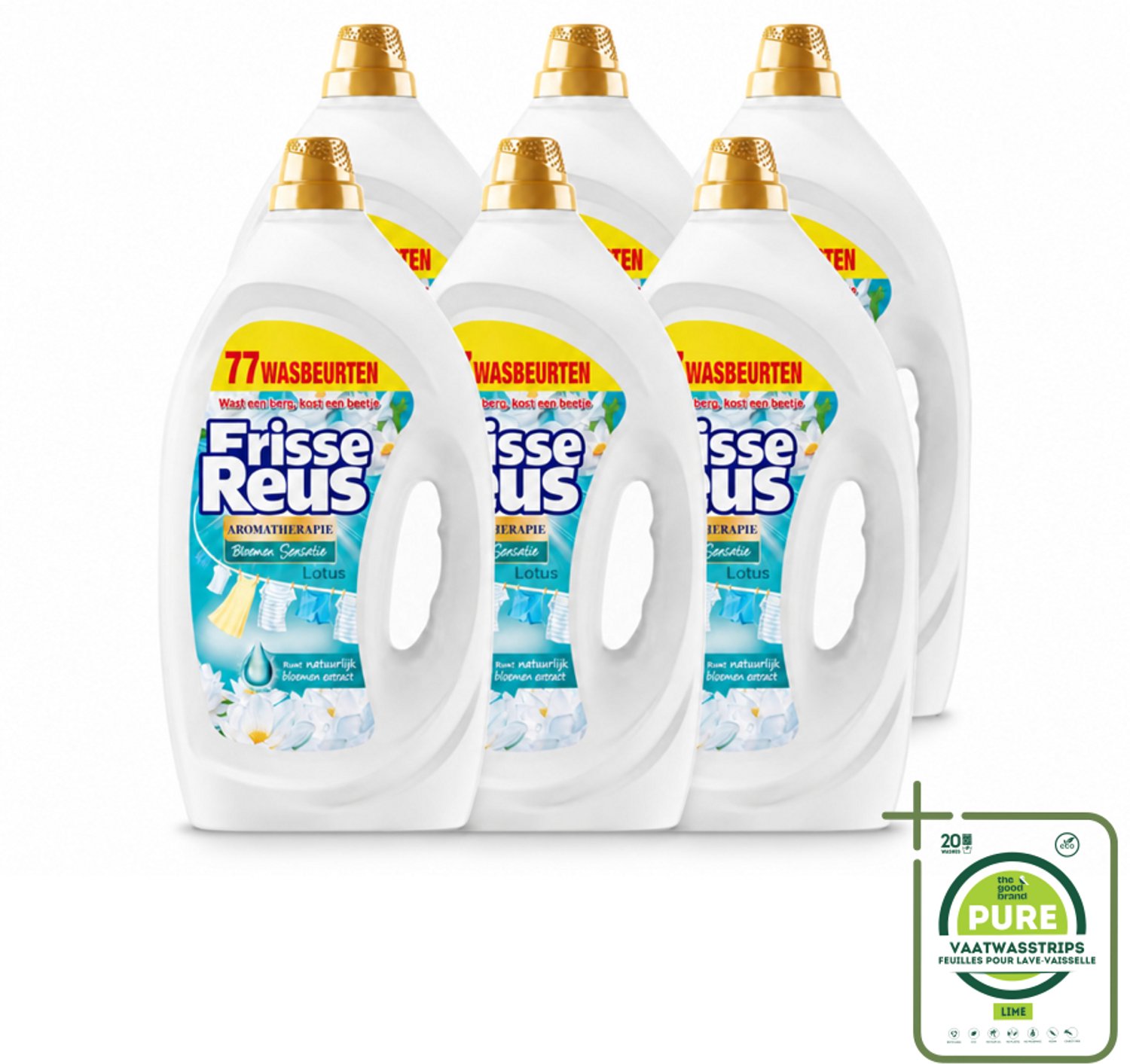 6 x Frisse Reus - Vloeibaar Wasmiddel - Lotus - Witte Was - 77 Wasbeurten - Grootverpakking - Vaatwasstrips - Witte Was - Frisse Was - Waskracht - Wasmiddel - Lotusgeur