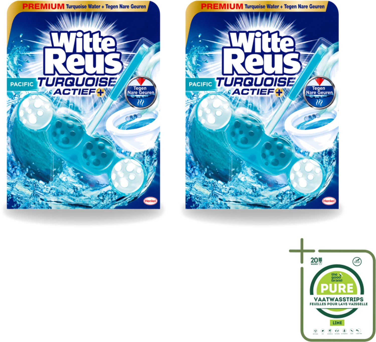 2 x Witte Reus - Turquoise Actief Toiletblok - 1 Toiletblok - Grootverpakking - Vaatwasstrips - Toiletbelevening - Reiniging - Frisheid - Glans - Kalkbescherming