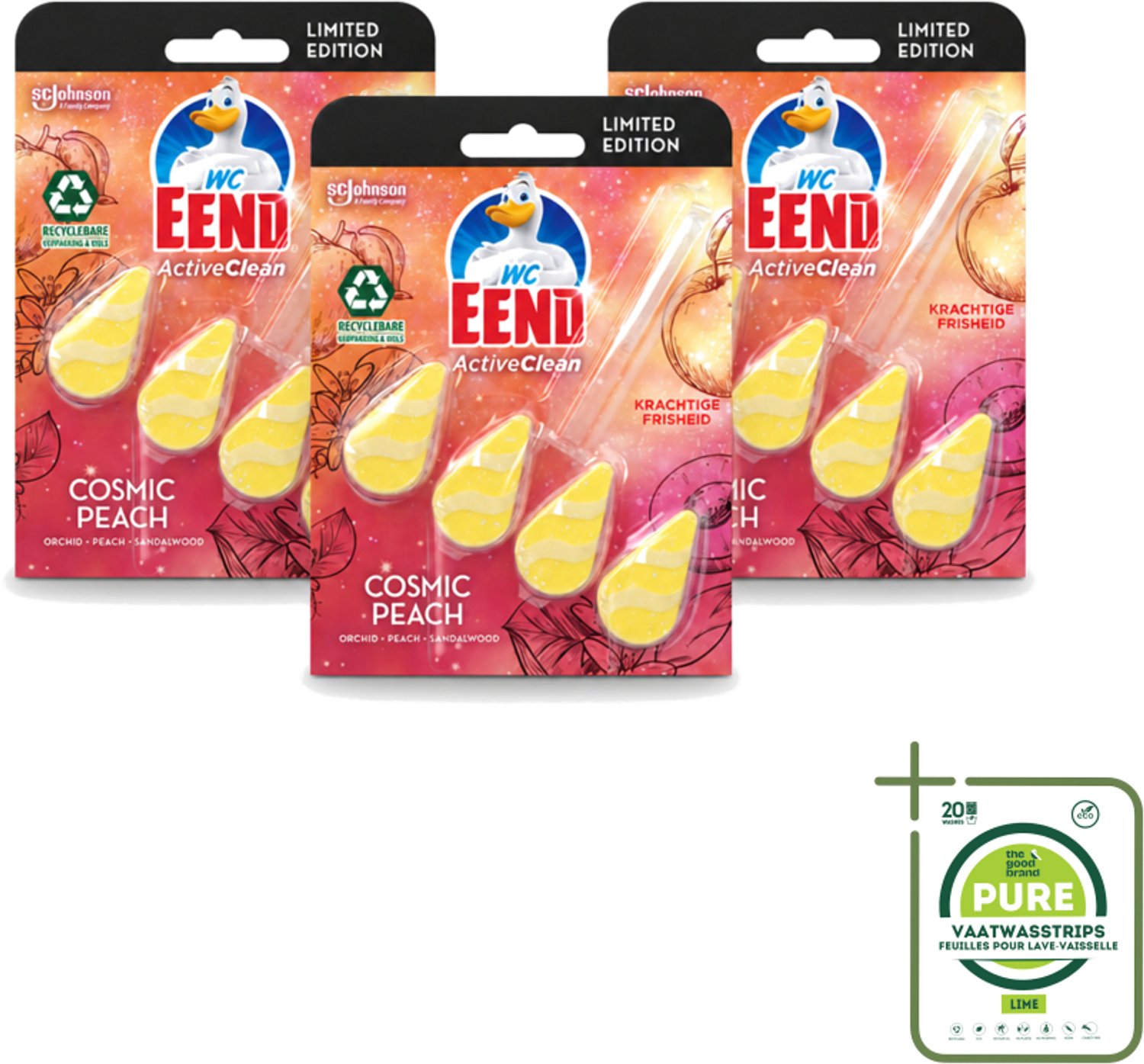 3 x WC Eend - Active Clean Cosmic Peach - Toiletblok - Fruitige Perzikgeur - 38 gr - Grootverpakking - Vaatwasstrips - Toilet Reinigen - Toilet Blok - Perzik Geur - Toilet Schoon - Toilet Hygiëne