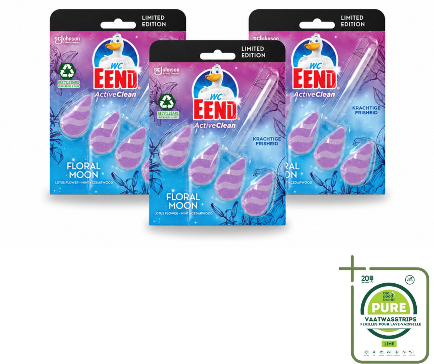 3 x WC Eend - Active Clean Floral Moon - Toiletblok - Lotus, Munt & Cederhout Geur - 38 gr - Grootverpakking - Vaatwasstrips - Toiletblok - Geur - Reiniging - Actieve Reiniging - Toilet