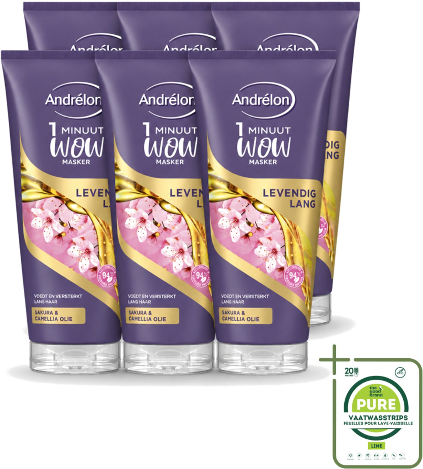 6 x Andrélon - WOW - Masker - Levendig Lang - 180 ml - Grootverpakking - Vaatwasstrips - Haarmasker - Lang Haar - Intensieve Verzorging - 1 Minuut - Sakura-olie