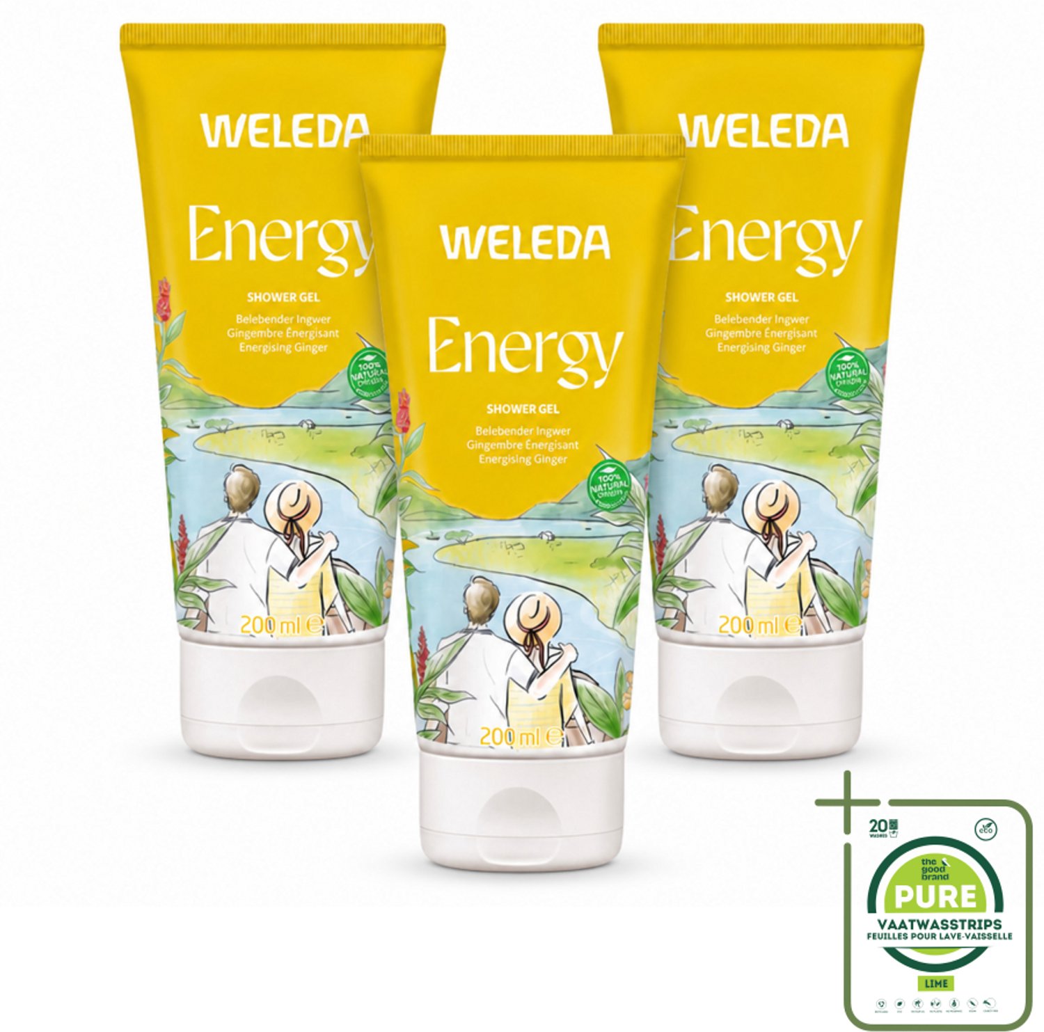 3 x WELEDA - Douchegel Aroma Shower Energy - 200 ml - Grootverpakking - Vaatwasstrips - Energie - Energieboost - Natuurlijke Douchegel - Aromatherapie - Frisheid
