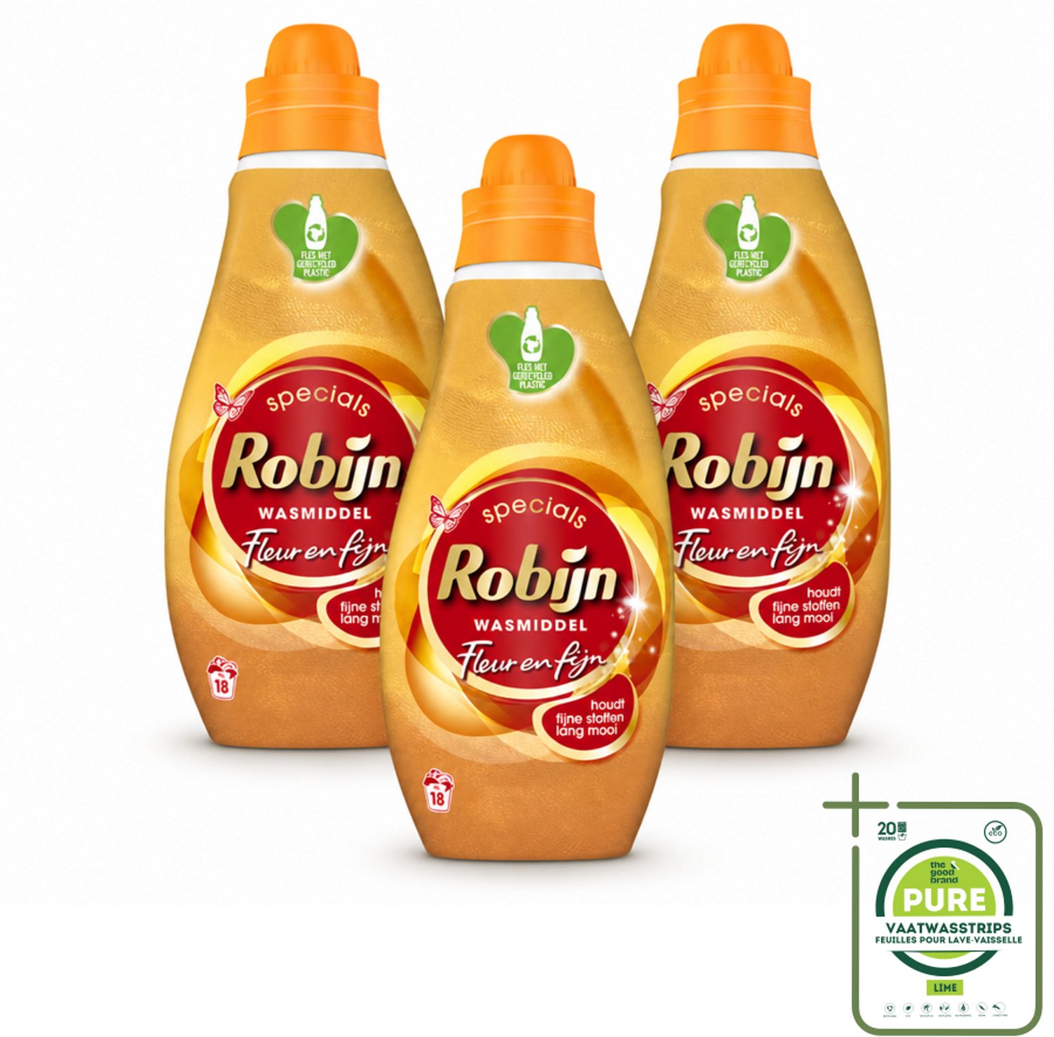3 x Robijn Specials - Fleur & Fijn - Vloeibaar Wasmiddel - 18 Wasbeurten - Grootverpakking - Vaatwasstrips - Fijne Was - Wasmiddel - Kleurbehoud - Delicate Stoffen - Biologisch Afbreekbaar