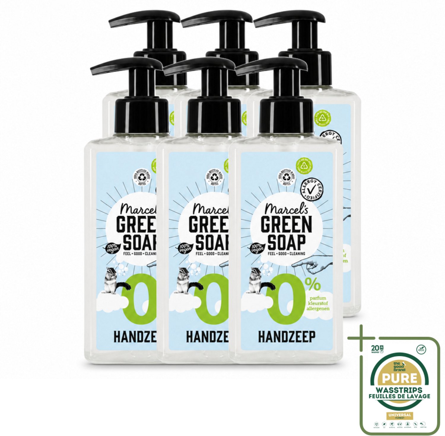 6 x Marcel's Green Soap - Handzeep 0% - Zachte verzorging - 250 ml - Wasstrips - Handzeep 0% - Gevoelige Huid - Milde Reiniging - Plantaardige Glycerine - Allergie Vrij