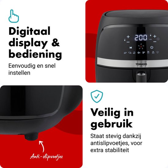 Zwarte Tomado airfryer met digitaal display dat 200 graden aangeeft. Anti-slipvoetjes voor stabiliteit.