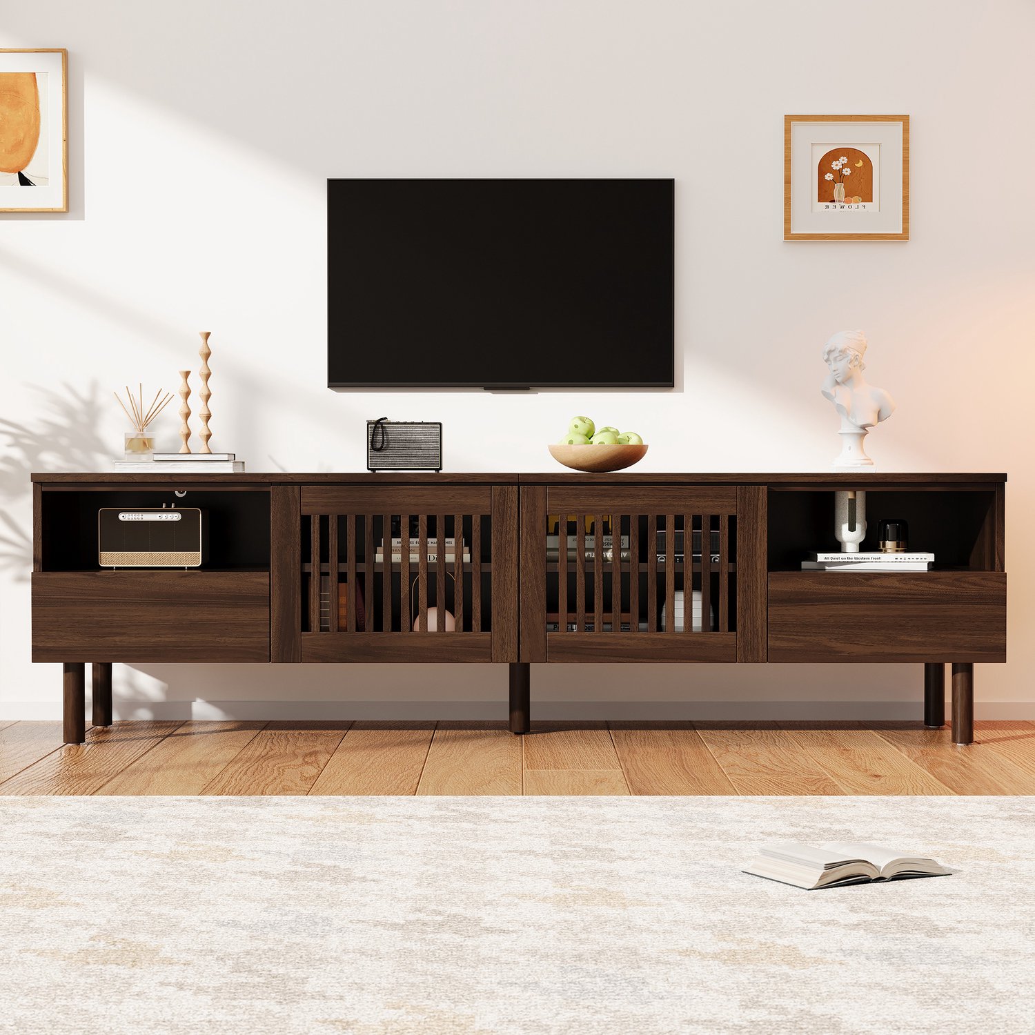 Clruro TV-Meubel - 180×40×51 cm - 2 Roosterdeuren en 2 Laden - Open Vakken - MDF/Hout - Walnoot