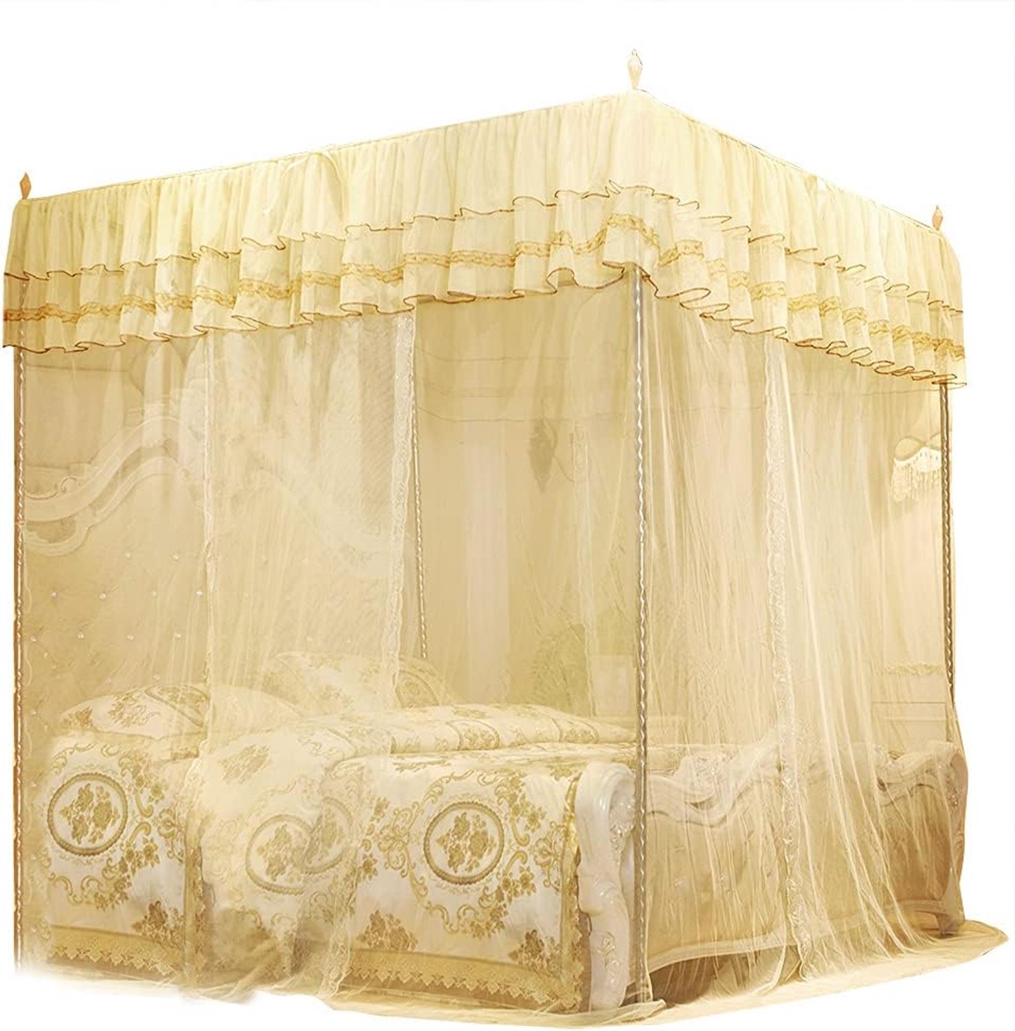 Luxe Prinses Ademend Drie Zijopeningen Klamboe Bedgordijn voor Dames Slaapkamer Decoratie 47,2 * 78,7 * 78,7 Inch Geel (120 * 200 * 200)