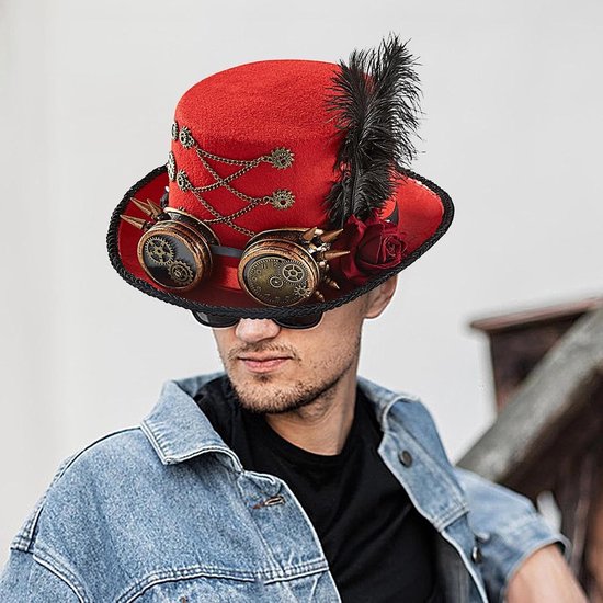 Steampunk cilinderhoed, steampunk hoofddeksel met veiligheidsglazen, verstelbare vilten hoofdbedekking, accessoires voor mannen, vrouwen, volwassenen, jongeren — afbeelding 4