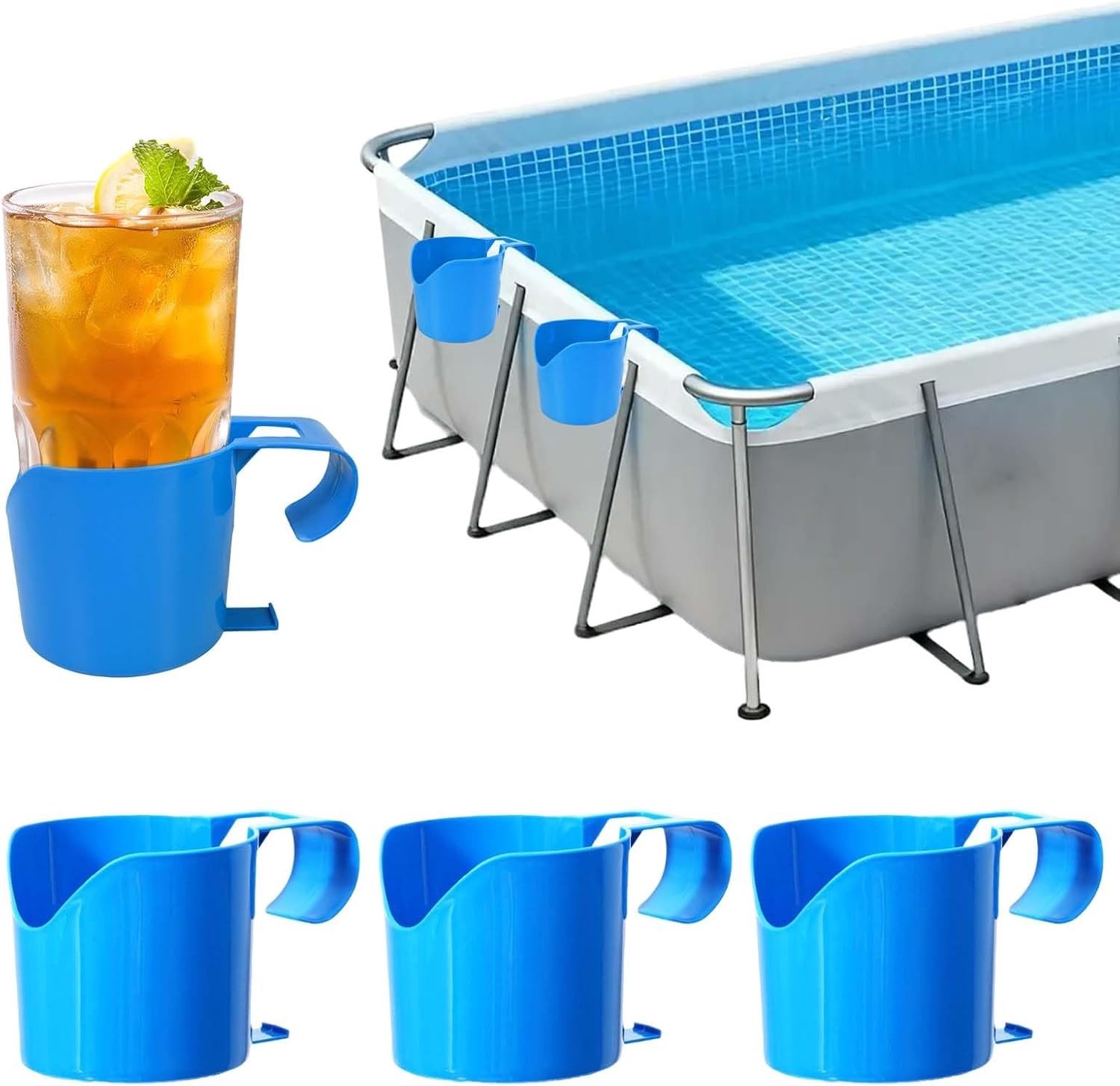 4 Stuks Drankhouders voor het Zwembad met Brede Haak, Ideaal voor Bier en Snacks, Open Onderkant, Universele Zwembadaccessoire, Blauw