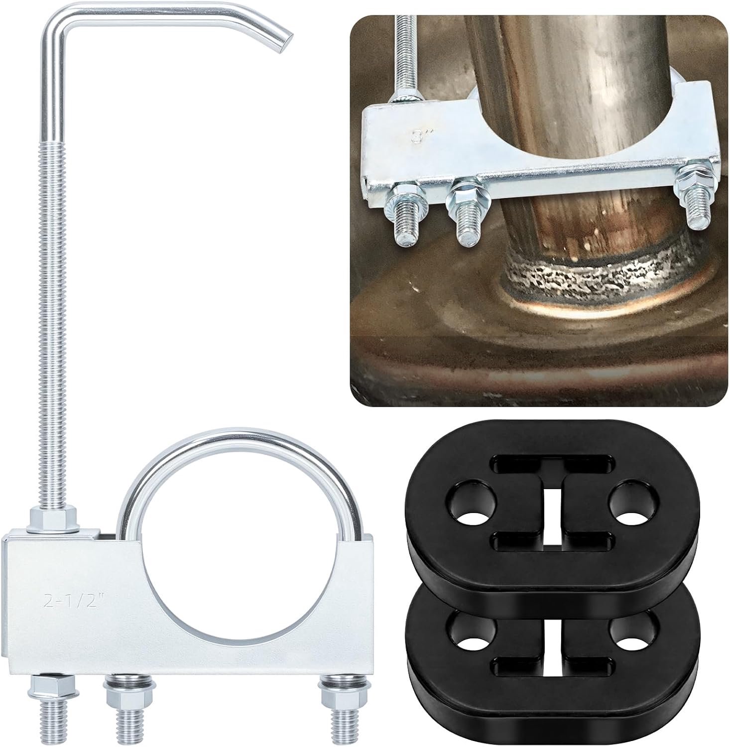 3-Piece 2.5" Exhaust Clamp with Suspension, 2 Holes, Adjustable Exhaust Mount, Exhaust System Suspension, Exhaust - ShopVlot