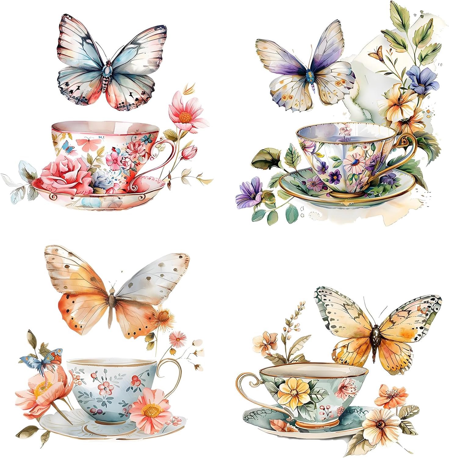 Vlinder Muurstickers, 4 stuks Mooie Bloem Theekop Waterdichte Keuken Muurstickers 3D Muurkunst voor Woonkamer Slaapkamer Keuken Kantoor Decoratie