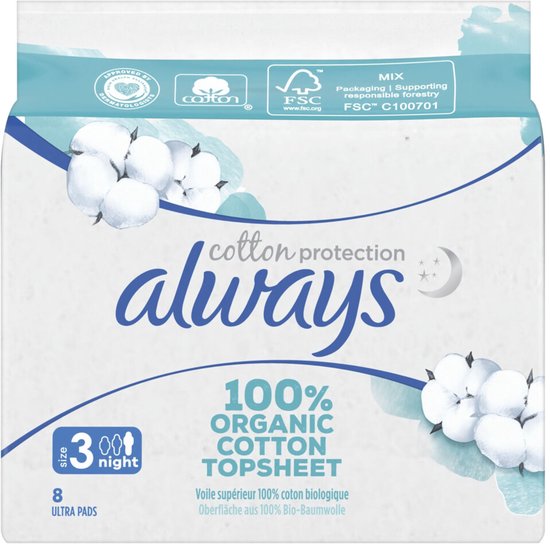 Verpakking van Always Cotton Protection nachtverband, maat 3, 8 ultra pads, met biologisch katoen.