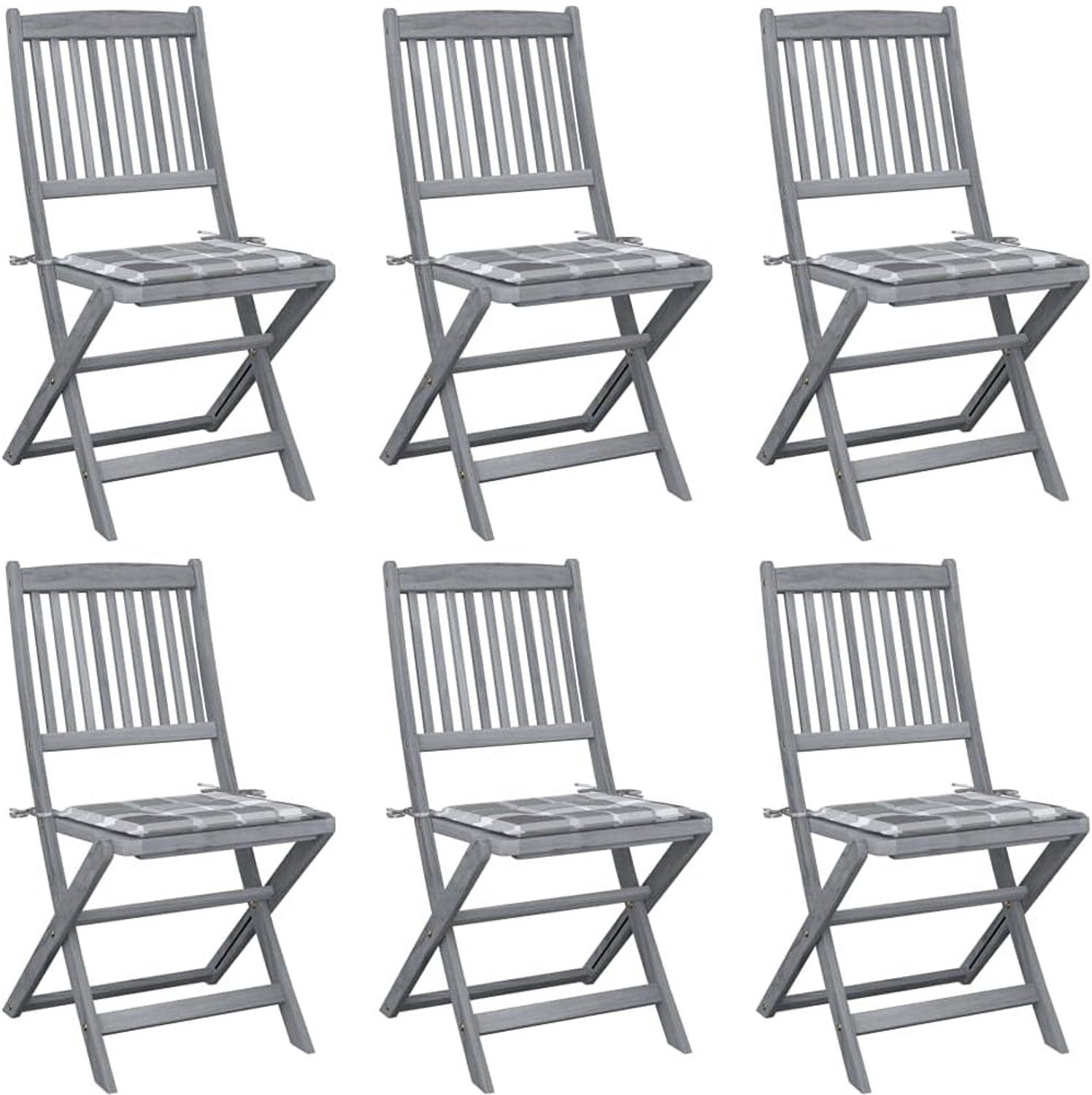 Opvouwbare tuinstoelen, 6 stuks, met kussens van massief hout acacia voor terras en balkon, opvouwbare stoelen met grijze lazuur en comfortkussens, duurzaam hardhout