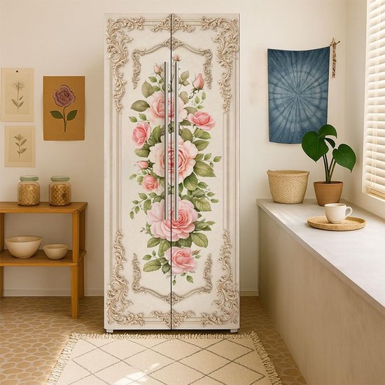 2 stuks vintage roze roos verwijderbare koelkast wraps, zelfklevende bloemen sierlijke koelkast deur muurschildering vinyl vriezers paneel cover sticker voor keuken bar decor, 41,5 x 200 cm — afbeelding 3
