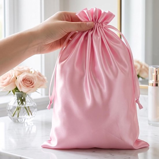6 stuks reistassen voor pruiken voor vrouwen, satijnen etui met trekkoord, zacht en stofvrij - Opbergtassen voor haarextensies, roze en zwart, voor een vrijgezellenfeest — afbeelding 4