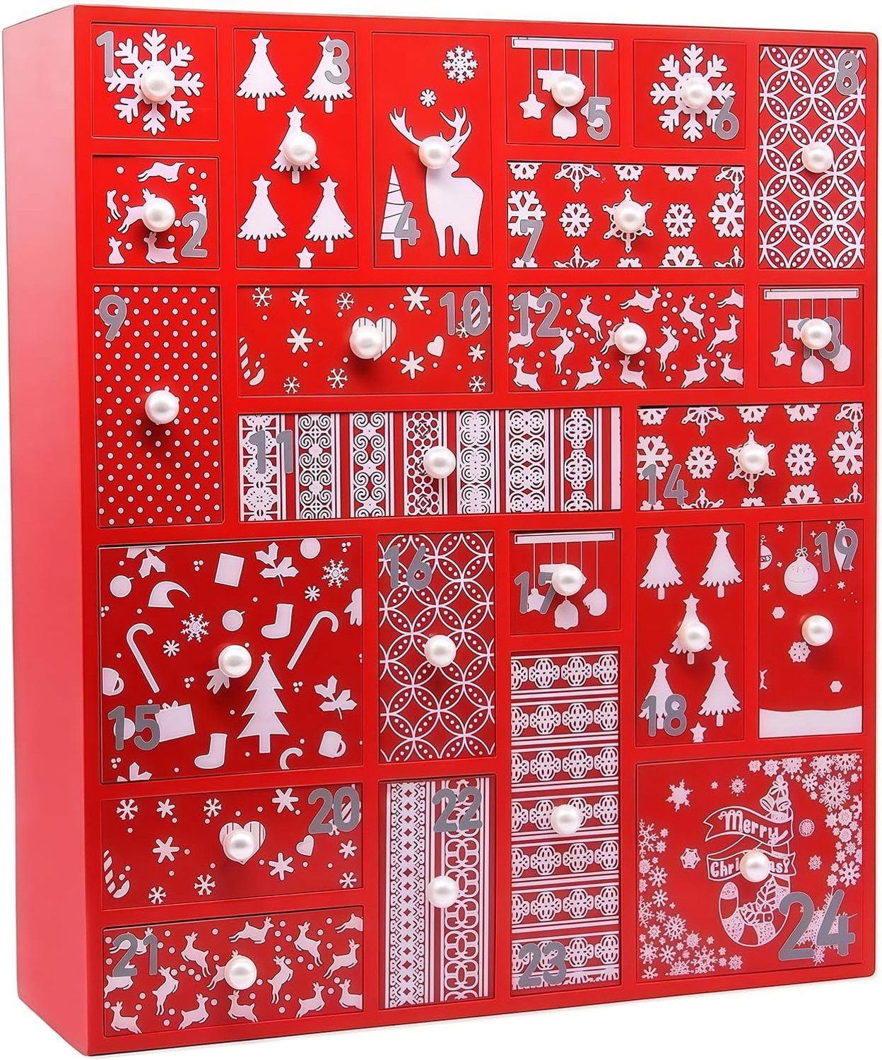 Juegoal Rode adventskalender met 24 laden aftellen tot Kerstmis, navulbare houten advent, 15 inch lang