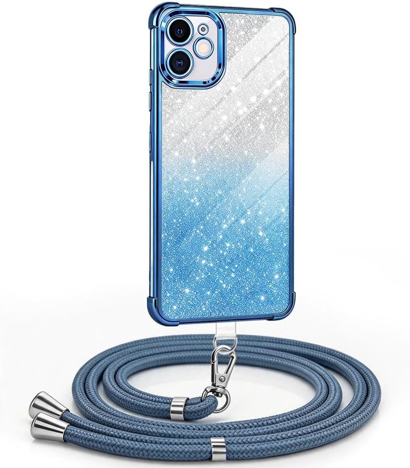 Beschermhoes voor iPhone 12, met pailletten, schokbestendig, krasbestendig, van zachte TPU-siliconen, verzinkt, met afneembare halskoord, voor dames en meisjes, blauw