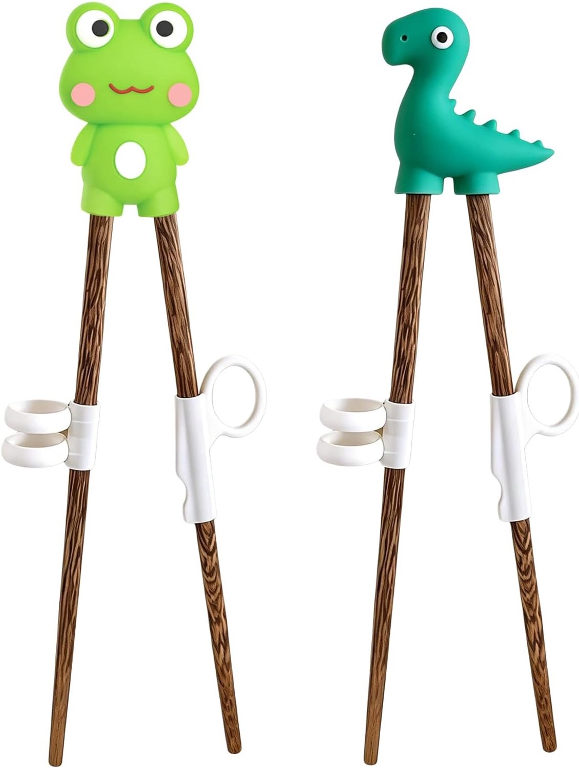 2 Paar Kinderstokjes, 18cm Houten Trainingsstokjes met 3-Vinger Helper, BPA-Vrije Leer-eetstokjes voor Peuters en Kinderen 1-8 Jaar (Kikker/Dinosaurus)