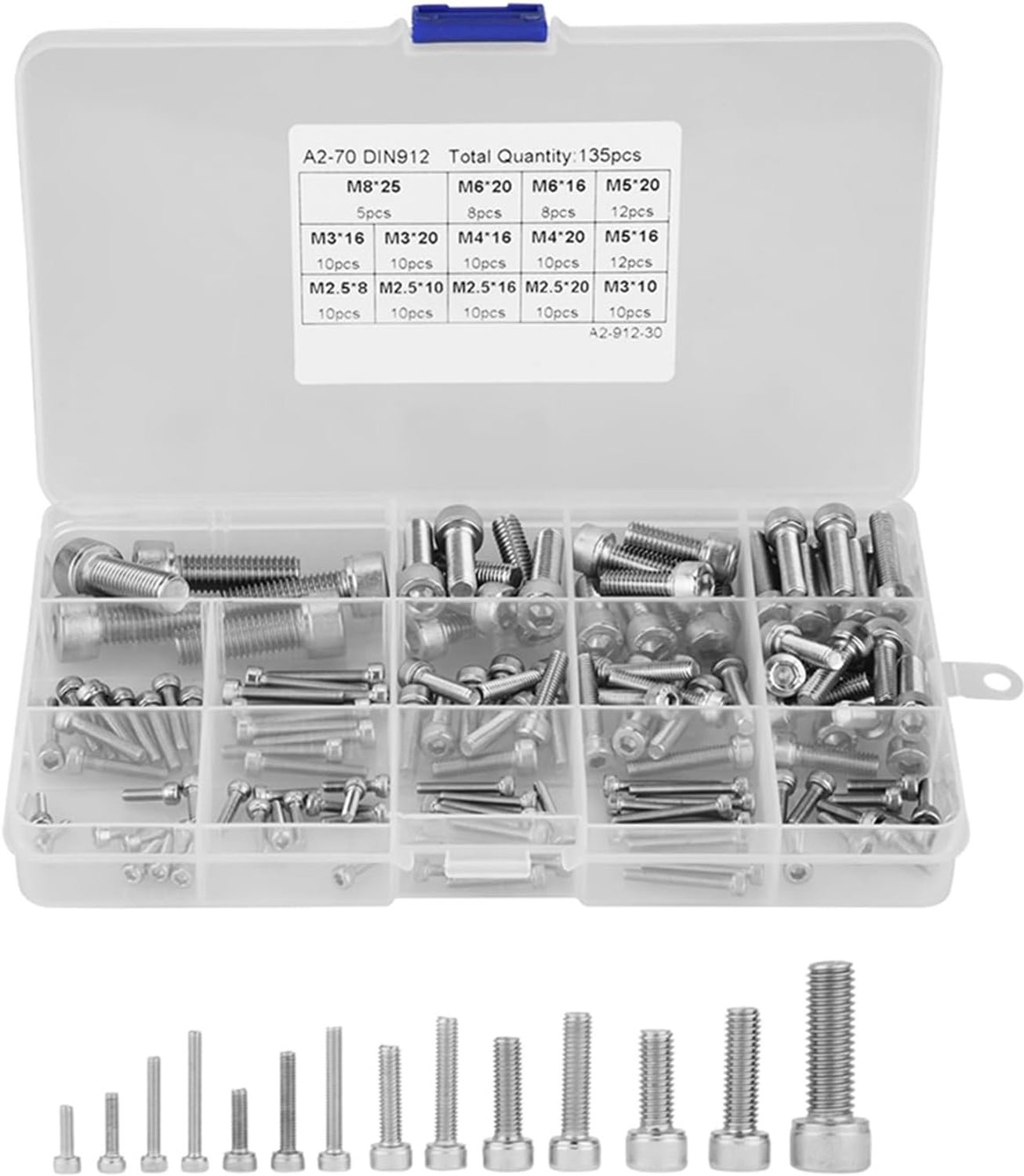 135 stks/set M2.5 M3 M4 M5 M6 M8 M8 Inbusbouten 304 Rvs Diverse Schroeven Assortiment Kit