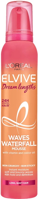 Roze en oranje spuitbus L'Oréal Elvive Dream Lengths Waves Waterfall mousse voor lang, golvend haar.