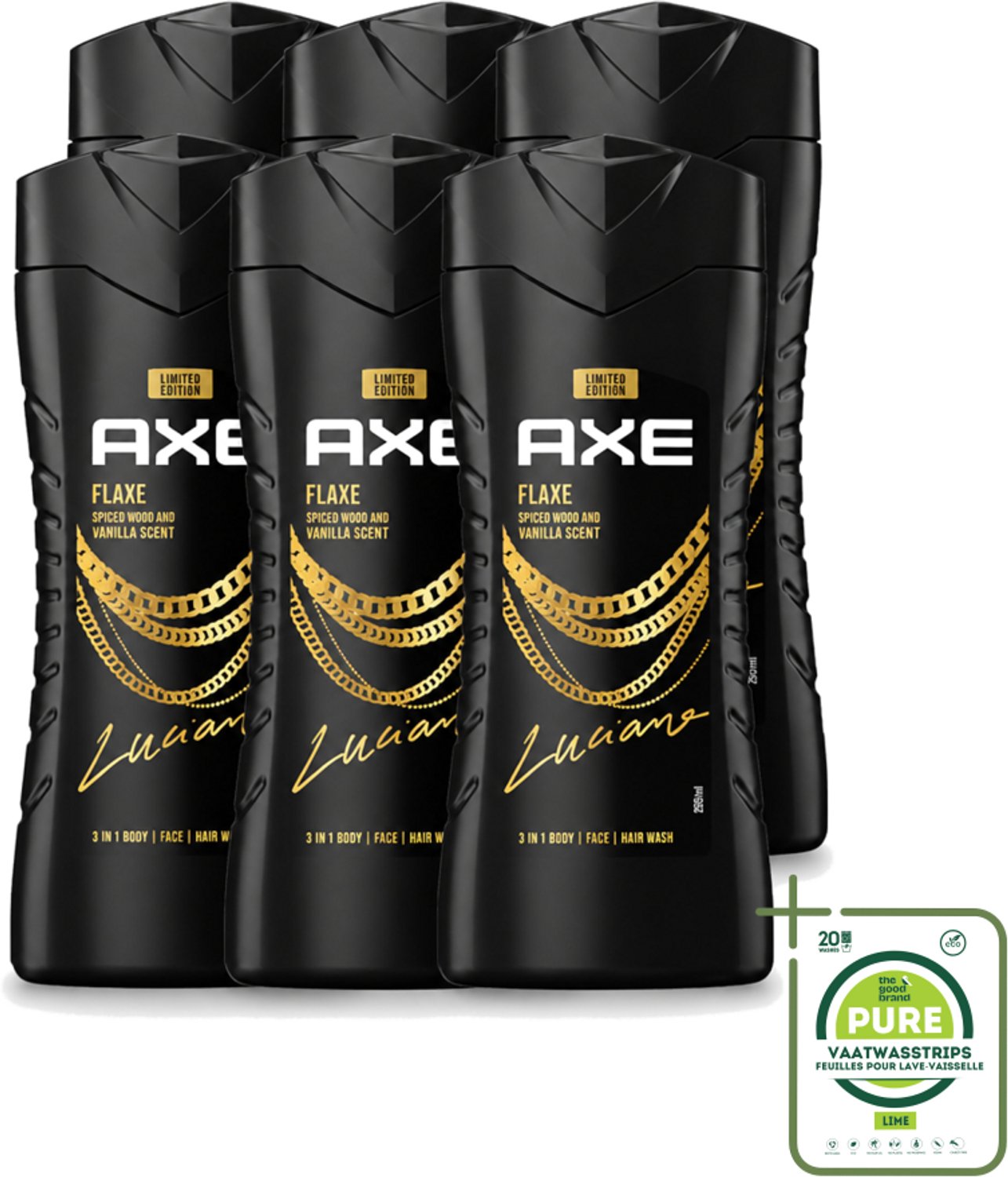 6 x Axe – Douchegel – Flaxe – 250 ml - Grootverpakking - Vaatwasstrips - Douchegel Voor Mannen - Frisse Geur - Reiniging Lichaam - Hydraatende Douchegel - Mannelijke Geur