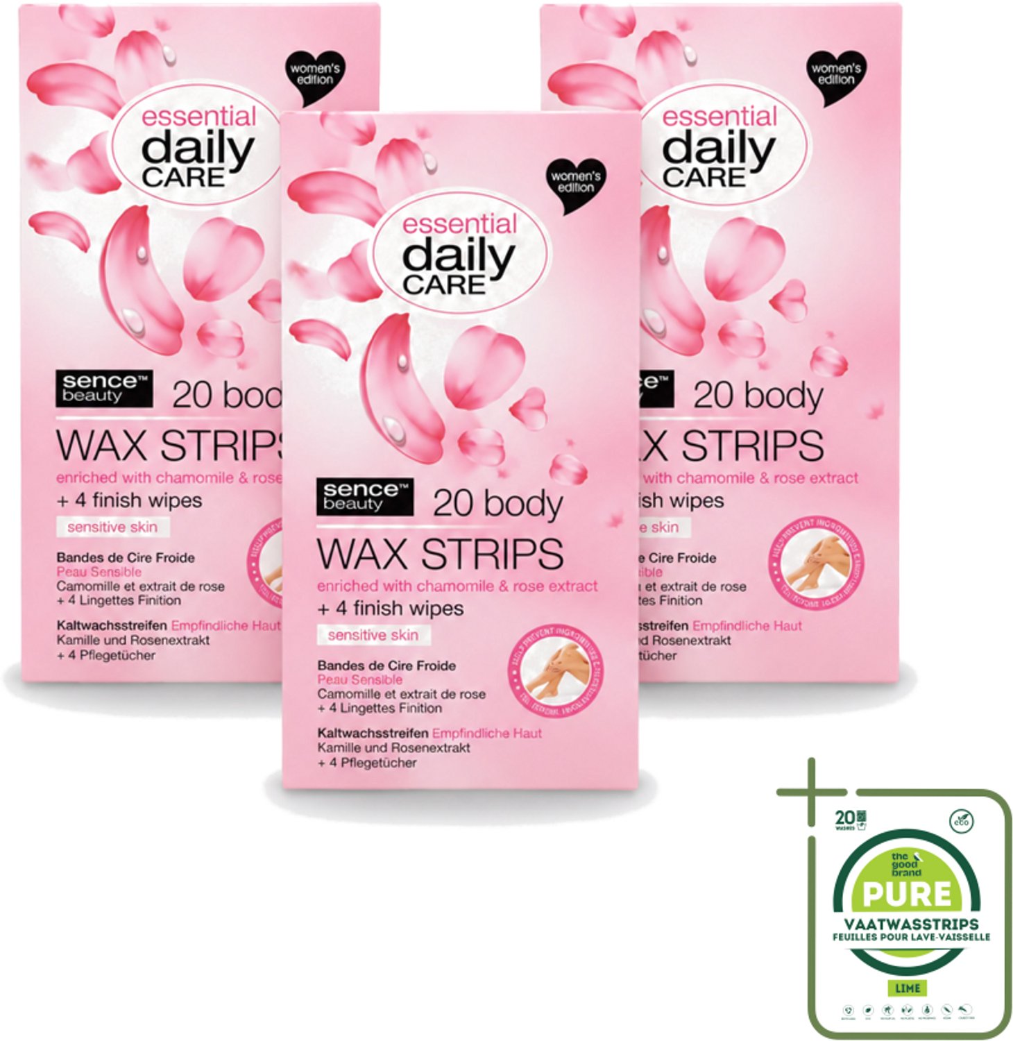 3 x Sence – Wax Strips – Lichaam – Ontharing – 20 Strips - Grootverpakking - Vaatwasstrips - Waxstrips Voor Het Lichaam - Ontharen Zonder Scheren - Gevoelige Huid - Kamille Extract - Rozenextract