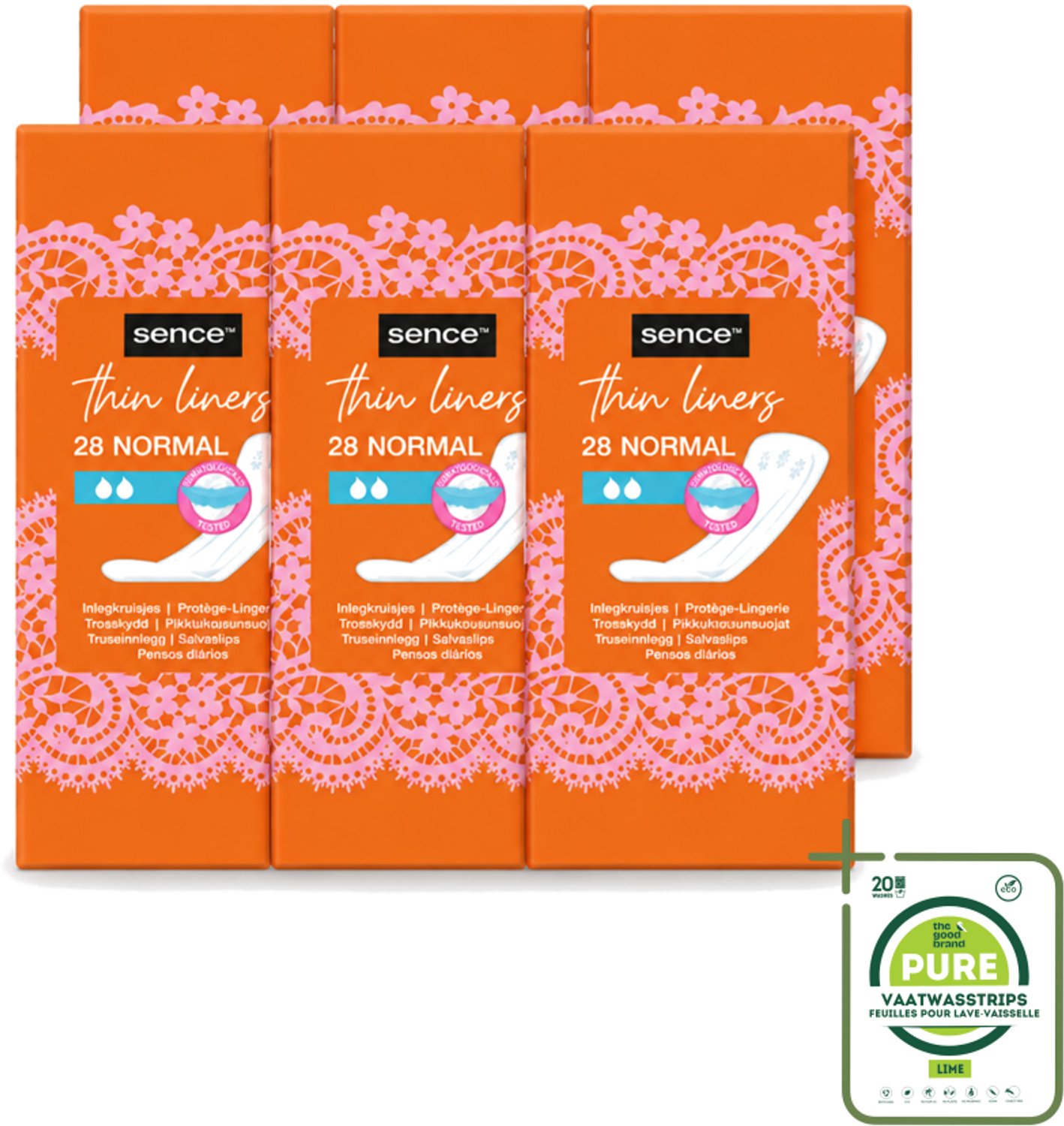 6 x Sence - Normaal - Inlegkruisjes - Dagelijks Comfort - 28 Inlegkruisjes - Grootverpakking - Vaatwasstrips - Inlegkruisjes - Dagelijks Comfort - Hygiëne - Afscheiding - Menstruatie