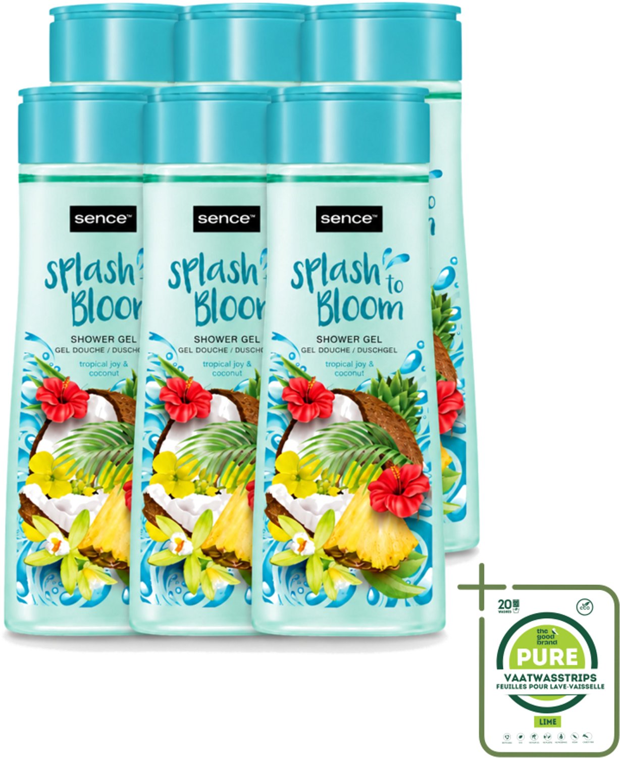 6 x Sence - Tropical Joy & Coconut - Douchegel - Exotisch - 300 ml - Grootverpakking - Vaatwasstrips - Douchegel Kokos - Tropische Geur - Zachte Reiniging - Huid Verzorging - Exotische Geur