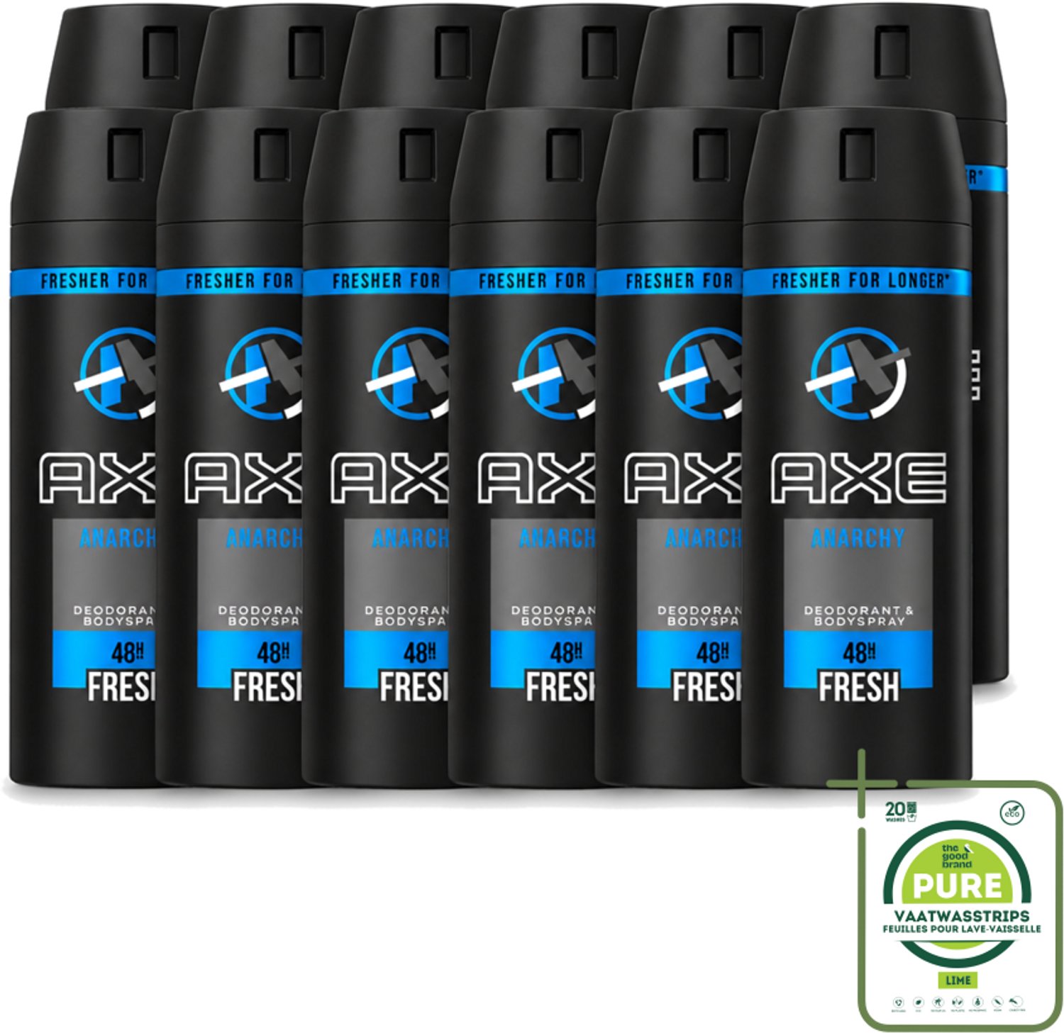 12 x Axe - Deodorant Bodyspray - 48hrs Fresh - Anarchy for Him - 150 ml - Grootverpakking - Vaatwasstrips - Deodorant - Bodyspray - Axe - Geur - Man