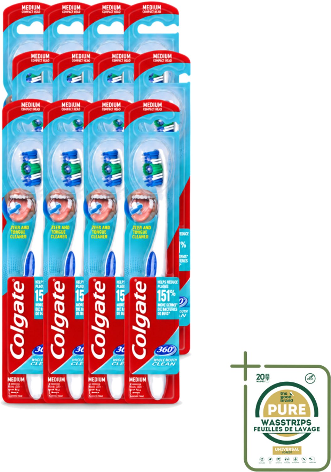 12 x Colgate - Tandenborstel - 360 Whole Mouth Clean Medium - Wit/Blauw - 1 Tandenborstel - Tandenborstel - Mondhygiëne - Tandenpoetsen - Bacteriën - Tandplak
