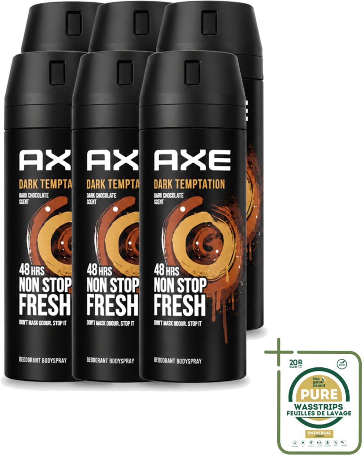 6 x Axe – Deodorant Spray – Dark Temptation – 150 ml - Wasstrips - Deodorant Spray - Mannelijke Geur - Warme Geur - Chocolade Geur - Transpiratiegeur