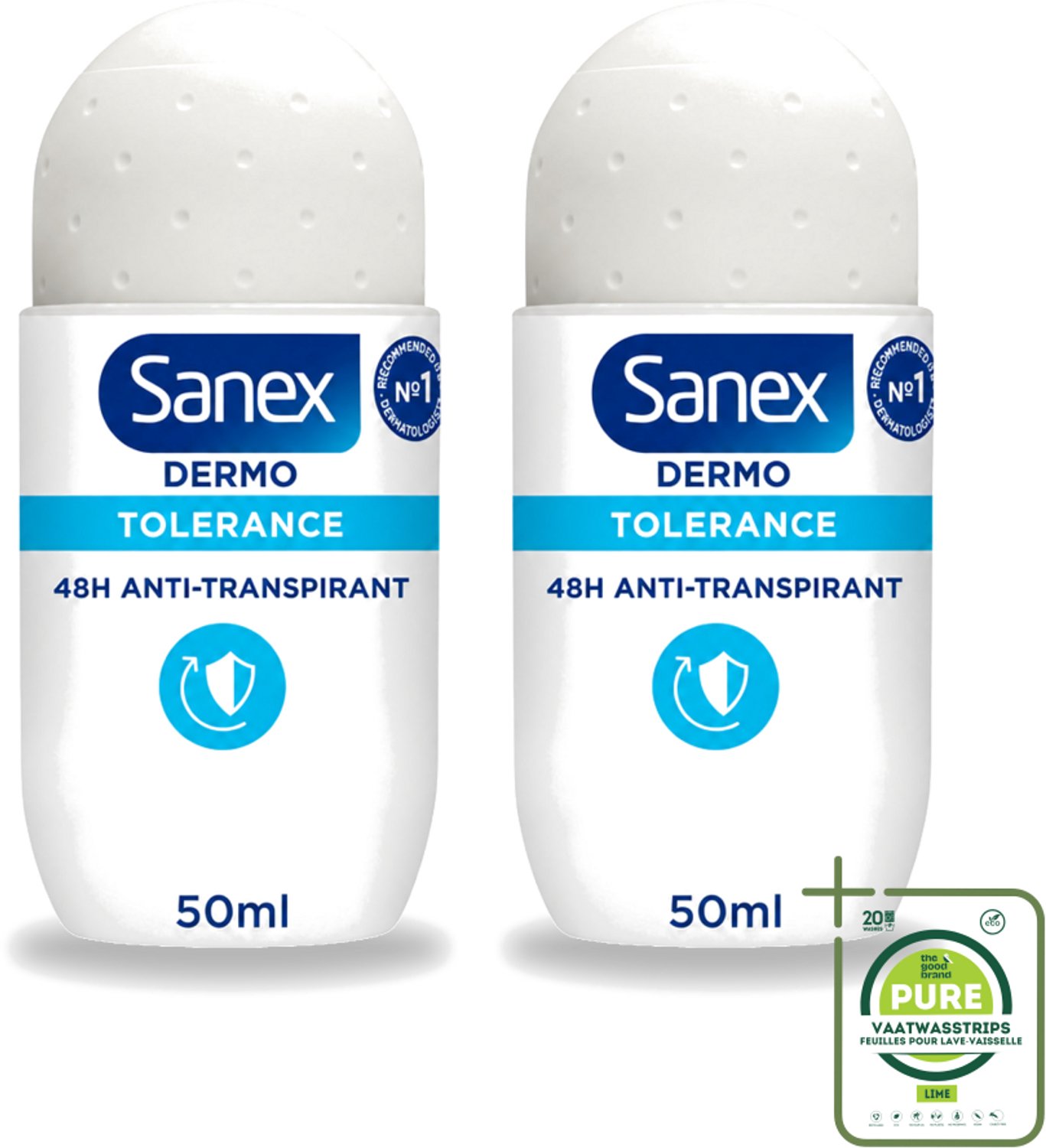 2 x Sanex – Deo Roll-on – Dermo Tolerance – 50 ml - Grootverpakking - Vaatwasstrips - Gevoelige Huid - Allergie - Huidverdraagzaamheid - Hypoallergen - Deodorant