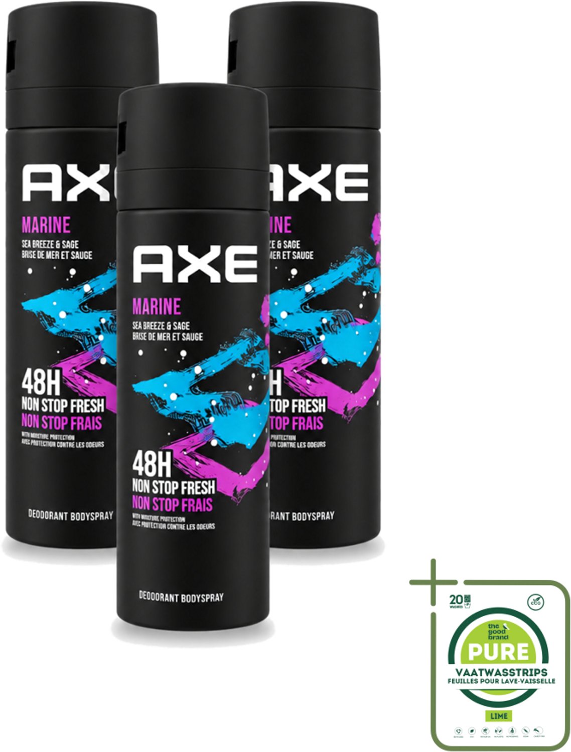 3 x Axe - Deodorant Bodyspray - 100% Fresh Fragrance - Marine - Sea Breeze & Sage - 150 ml - Grootverpakking - Deodorant - Bodyspray - Geur - Zeebries - Salie