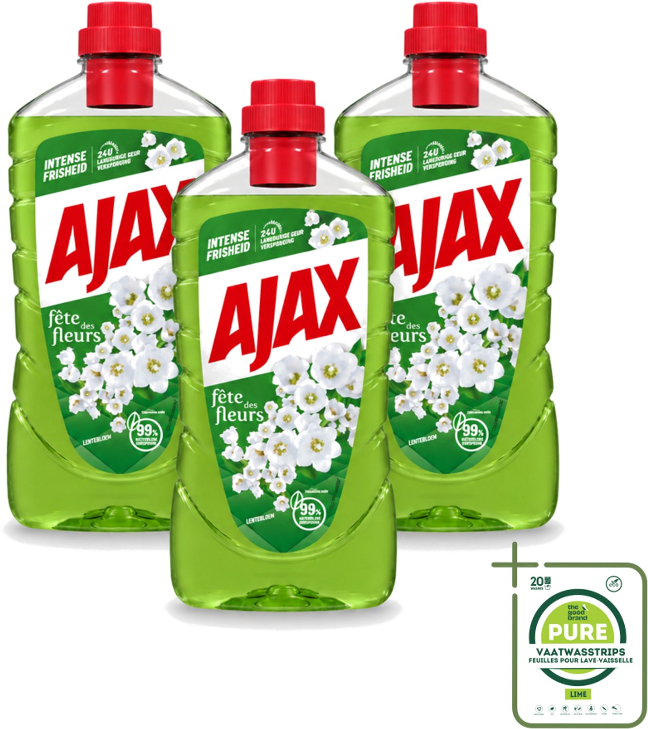 3 x Ajax - Allesreiniger - Fête des Fleurs - Lentebloem - Met Essentiële Oliën - 1 L - Grootverpakking - Vaatwasstrips - Allesreiniger - Natuurlijke Reiniger - Frisse Geur - Reinigingskracht - Lentebloem