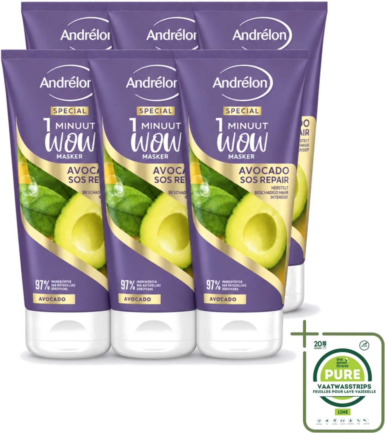 6 x Andrélon - 1 Minuut Wow Haarmasker - Avocado SOS Repair - 180 ml - Grootverpakking - Vaatwasstrips - Haarmasker - Haarherstel - Avocado Masker - Beschadigd Haar - 1 Minuut Herstel