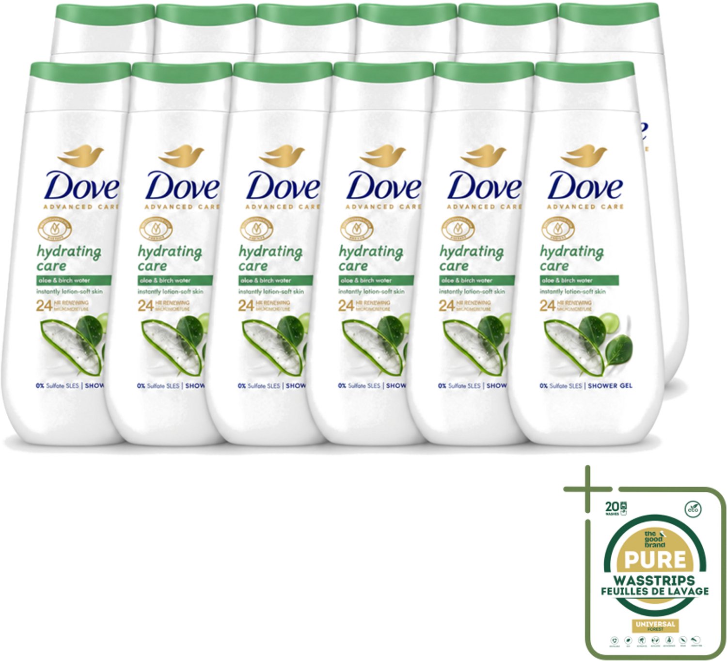 12 x Dove – Douchecrème – Hydrating Care – 225 ml - Wasstrips - Douchecrème - Hydratatie - Droge Huid - Aloë Vera - Berkenwater