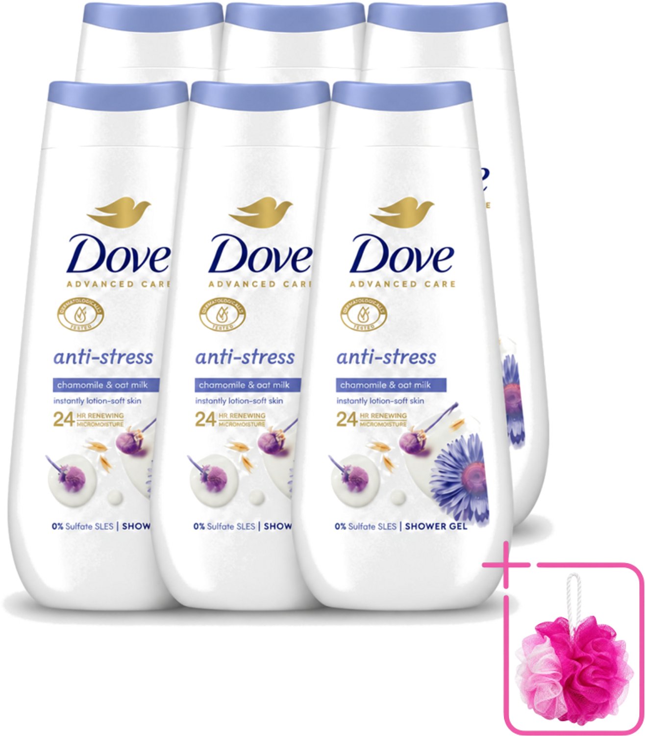 6 x Dove – Douchecrème – Anti-Stress – 225 ml - Bulkverpakking - Douchecrème anti-stress - Douchemop - Ontspannende douchecrème