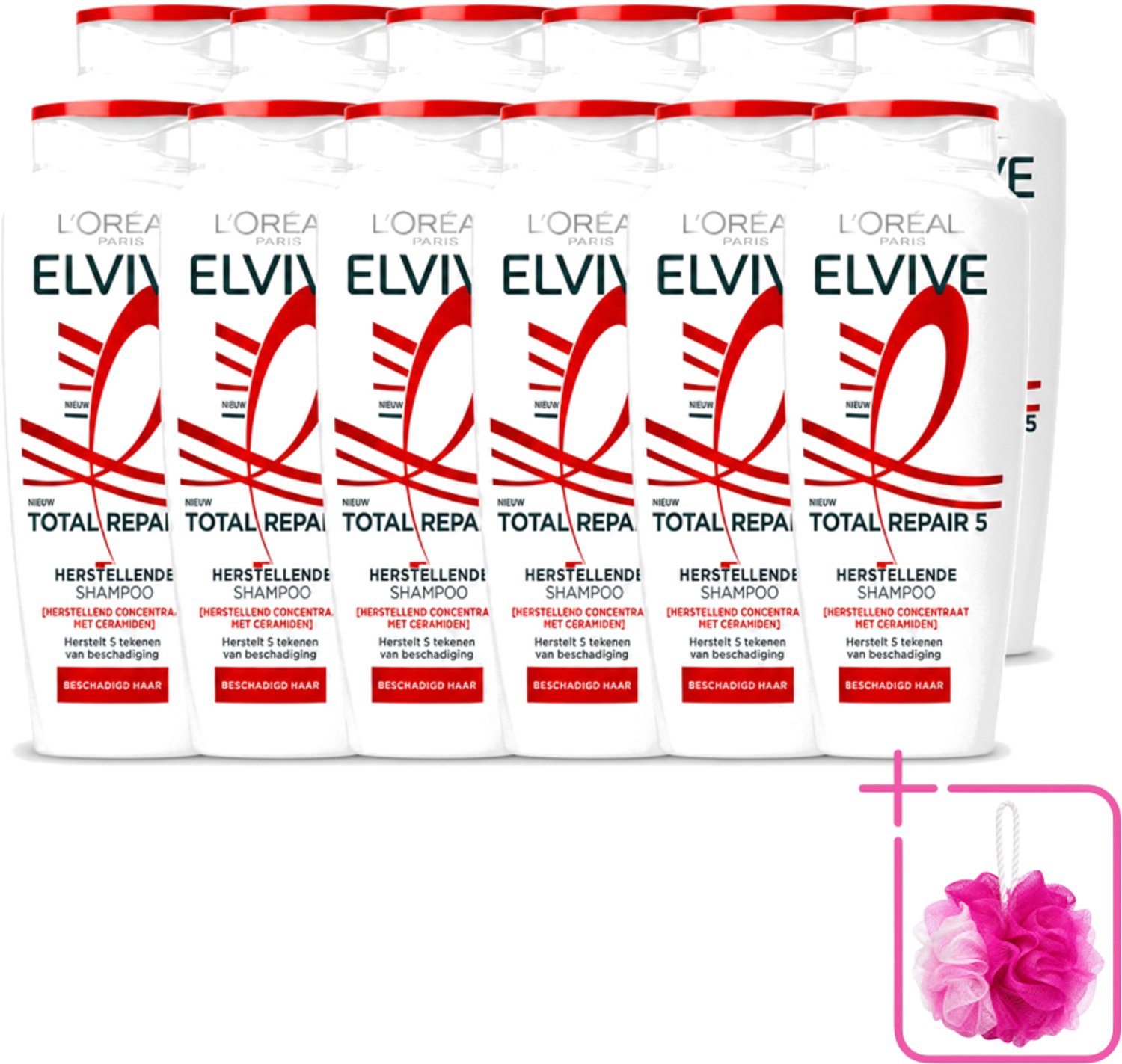 12 x L’Oréal Paris Elvive – Shampoo – Total Repair 5 – Herstellend – 250 ml - Bulkverpakking - Beschadigd haar - Douchemop - Droog haar