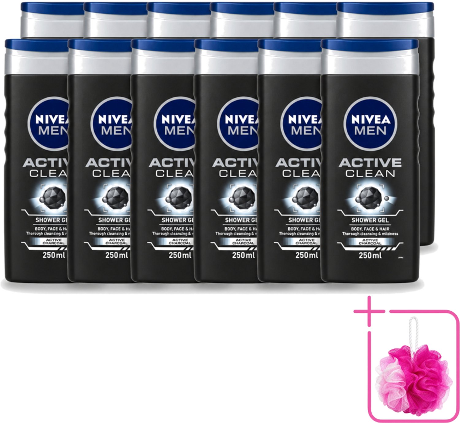 12 x Nivea Men – Douchegel – Active Clean – 250 ml - Bulkverpakking - Douchegel mannen - Douchemop - Reiniging huid