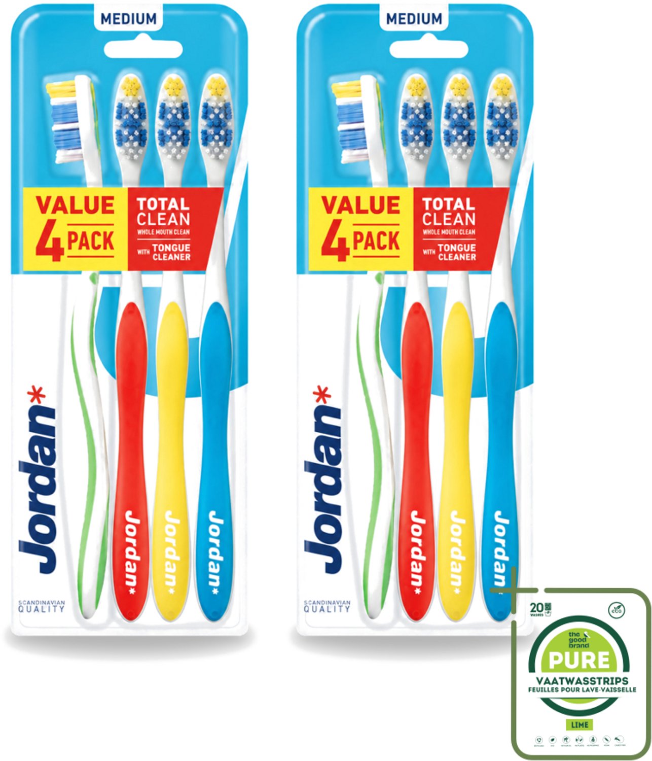 2 x Jordan - Total Clean - Tandenborstels Medium - 4 Tandenborstels - Grootverpakking - Tandenborstel - Mondhygiëne - Tandenborstel Set - Tandenborstel Medium - Tandenborstel Voor Dagelijks Gebruik