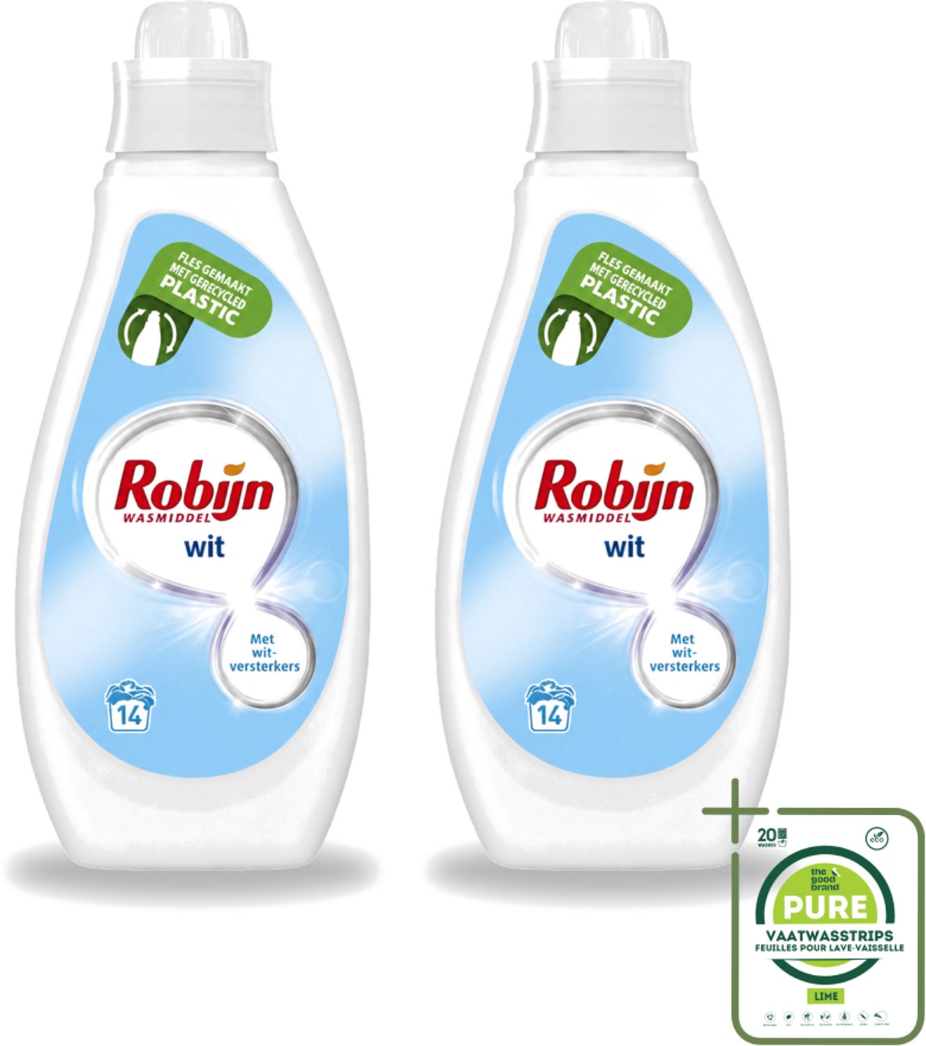 2 x Robijn - Wit - Vloeibaar Wasmiddel - Met Witversterkers - 14 Wasbeurten - 700 ml - Grootverpakking - Vaatwasstrips - Wit Wasmiddel - Stralend Wit - Wasverzachter - Frisse Geur - Witversterker