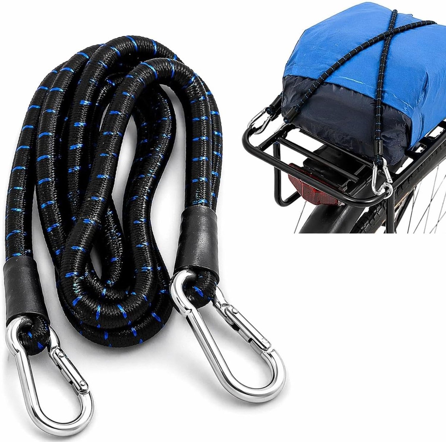 Elastisch touw met karabijnhaak, 1,5 m, multifunctioneel, voor camping, bagage, tuin en auto (zwart rood / blauw, 1,5 m)