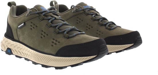 Groene leren Waldlaufer sneakers met veters, blauwe accenten en beige zool.