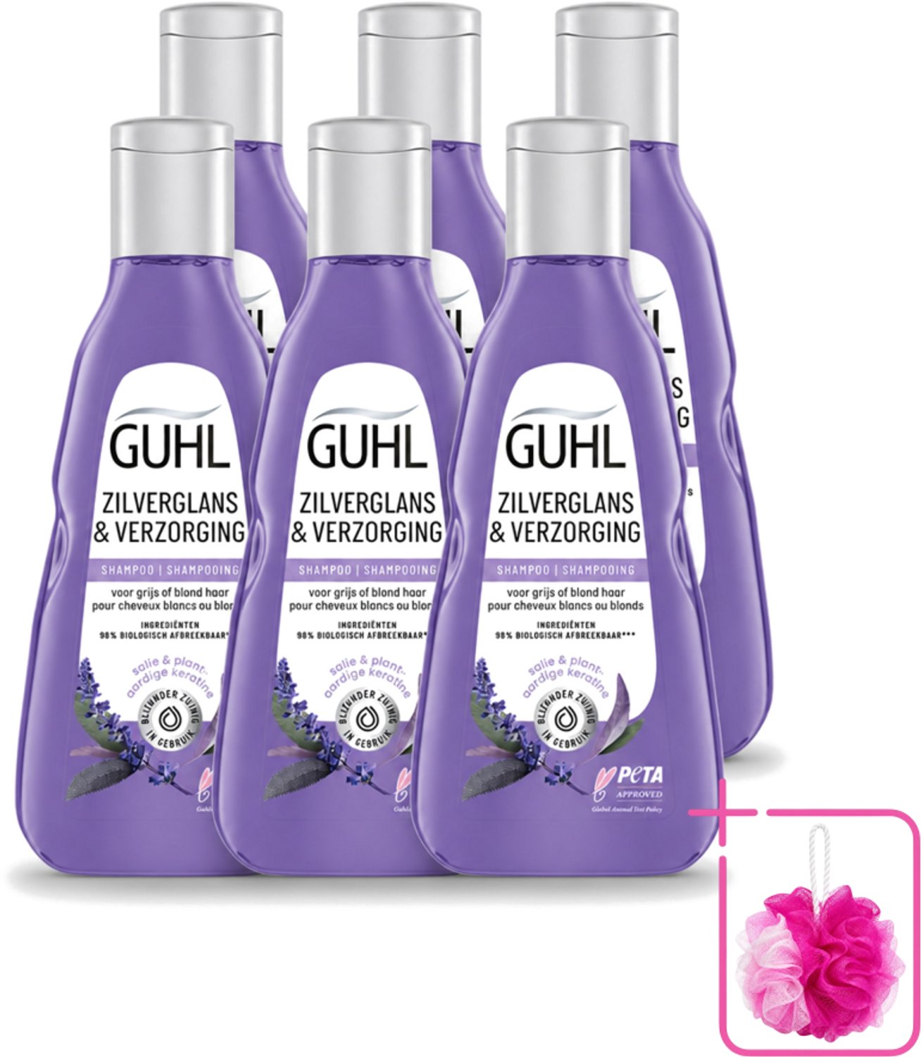 6 x Guhl - Shampoo - Zilverglans & Verzorging - 250 ml - Bulkverpakking - Zilverglans shampoo - Douchemop - Anti-geel effect