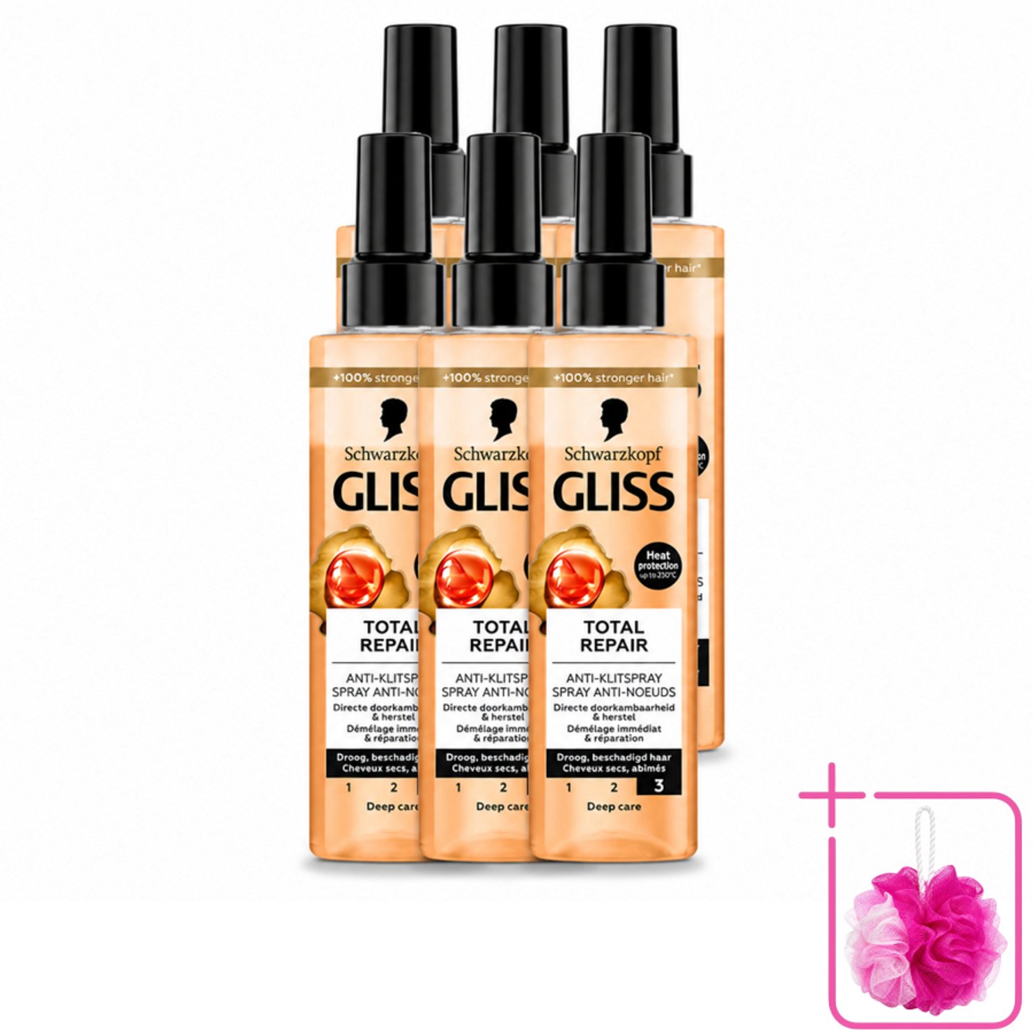 6 x Gliss - Total Repair Anti-Klit Spray - Voor Beschadigd en Droog Haar - 200 ml - Bulkverpakking - Haarkleur - Douchemop - Haarherstel